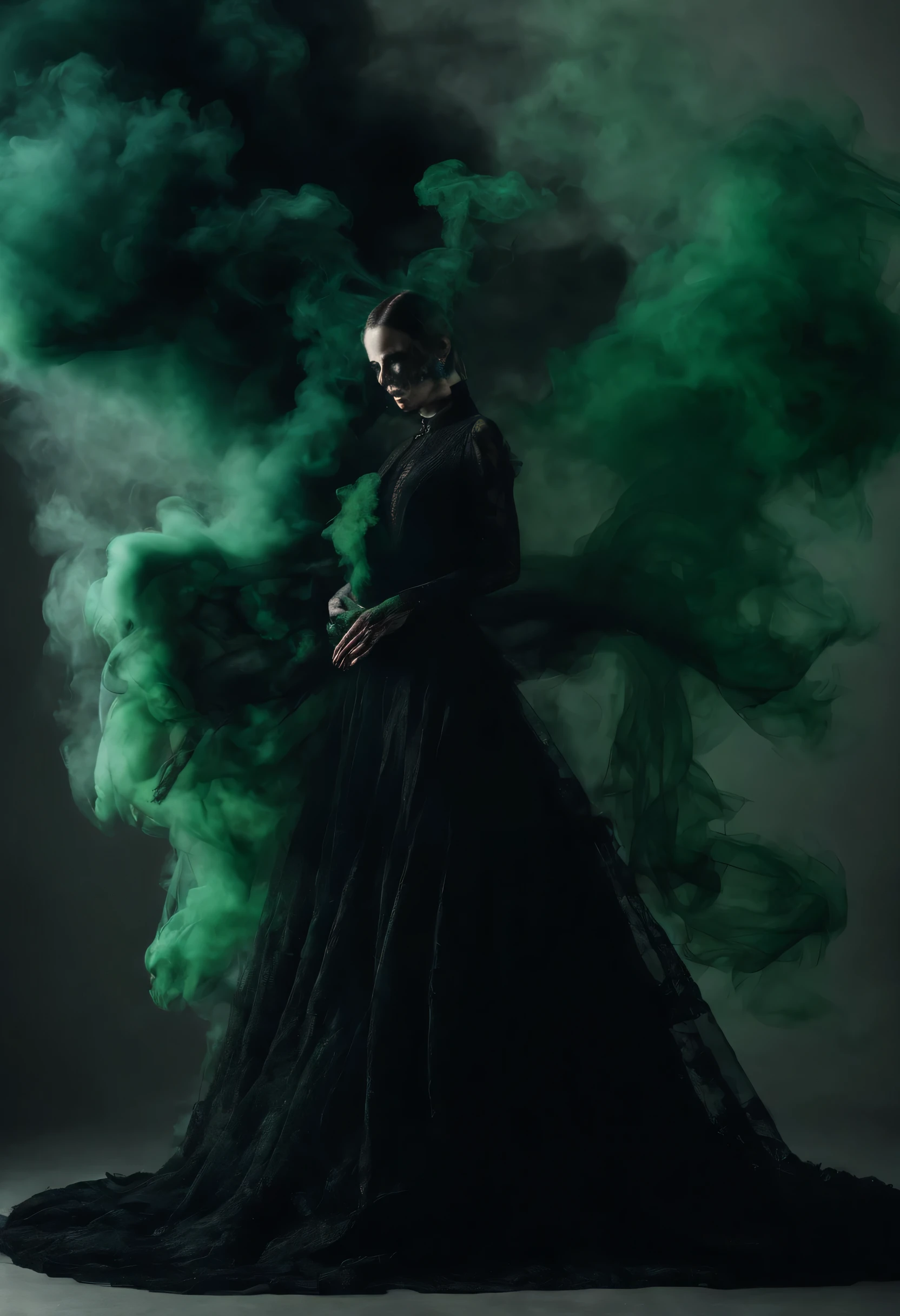 arafed woman in a black dress with green smoke, whirling green smoke, woman made of black flames, green smoke, dark emerald mist colors, flowing cloth and smoke, smoke effects, nick knight, body painted with black fluid, a still of an ethereal, hyperrealistic smoke, intricate smoke magic, swirling fluid smokey enigma, ghostly smoke, dark and moody smoke