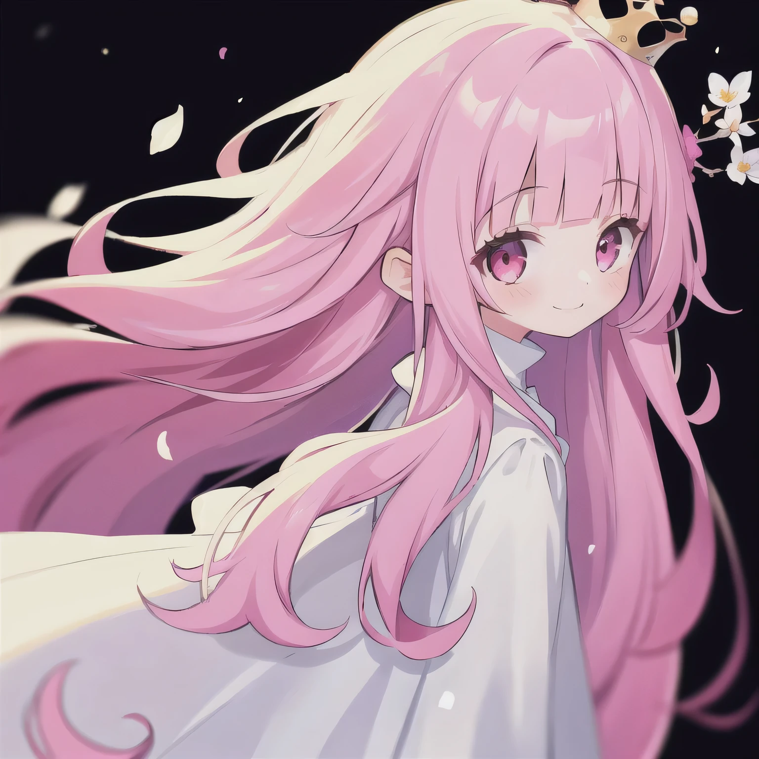 1girl, masterpiece, wearing white dress, long hair, wearing crown, pink eyes, smile, 8k resolutions, looking to the side, blunt bangs, pink hair, flower hair ornaments