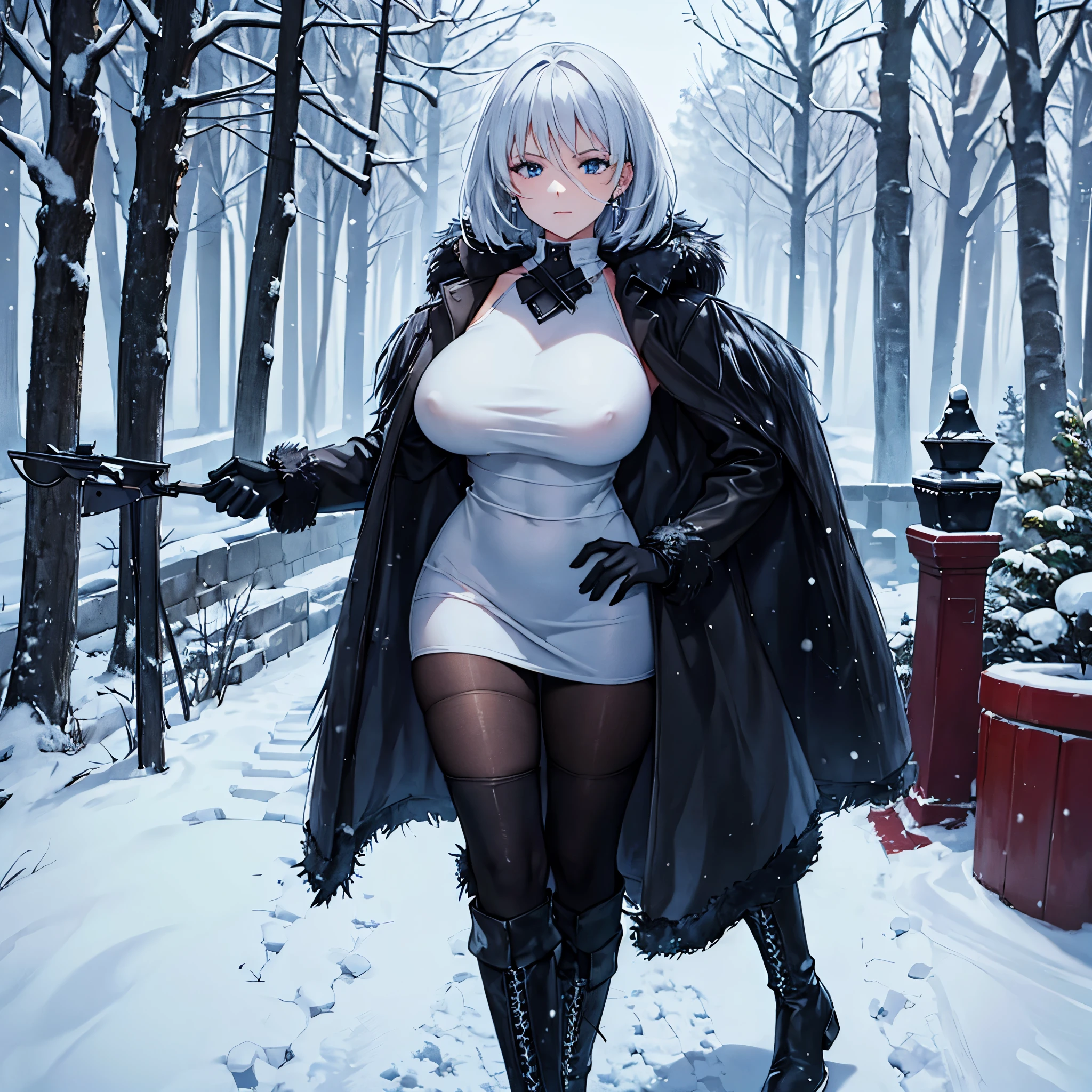 A woman wearing black fur coat, white tight dress, short white hair, gothic boots, faint blue eyes, outside a big house in winter, snow-filled place, snow-covered trees, big breasts, no duplicating people, solo,very detailed, masterpiece, high quality, ultra resolution, 4k hd
