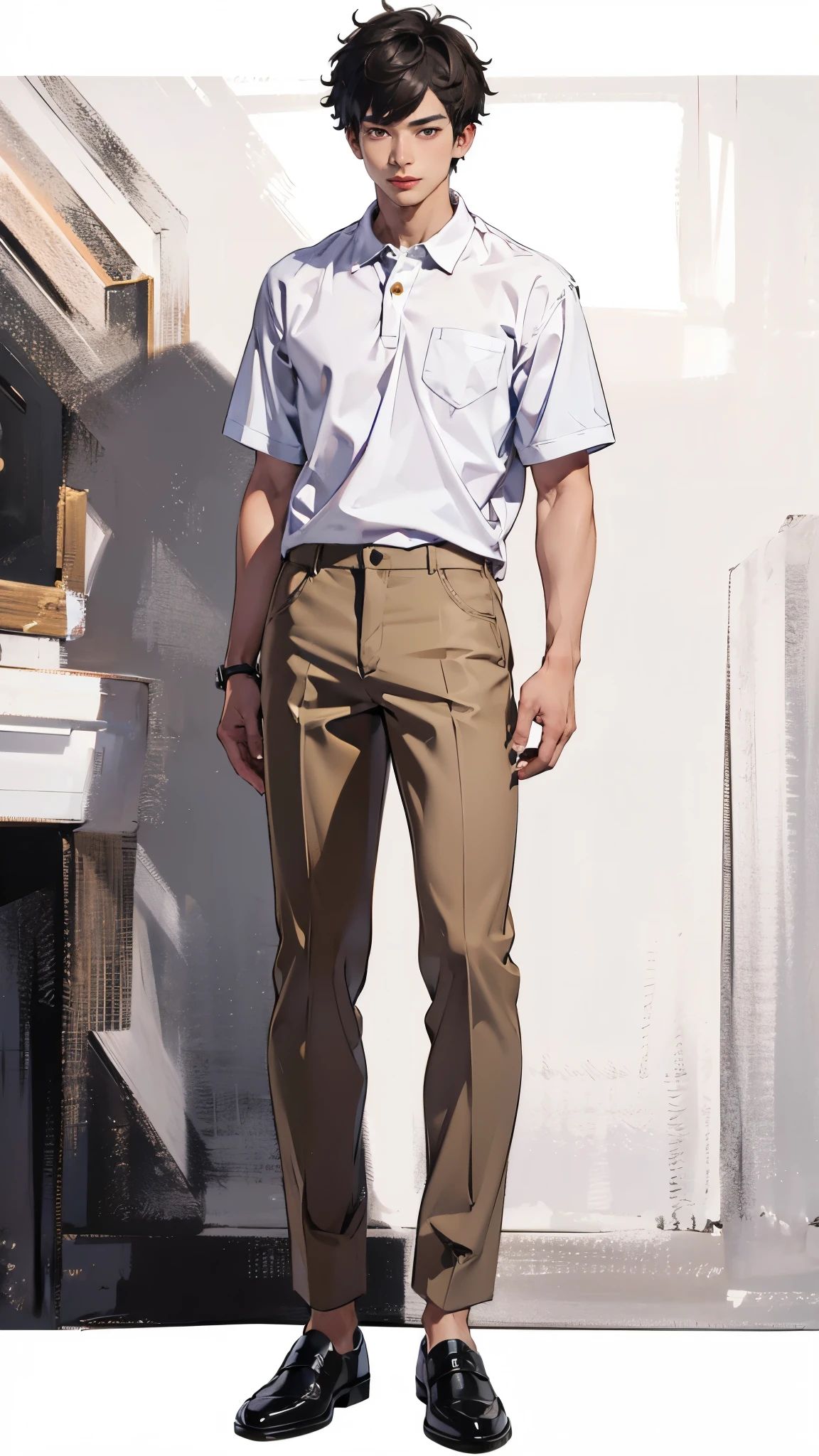 ((best quality,4k,highres,masterpiece:1.2)),((character concept art)), 1 male, 18-year-old Asian guy, Med school student, nerdy, shy, smart, ((messy hair)), average height, average look, very muscular body, classic bodybuilder body, wearing polo shirt, chinos, loafers, (standing casually), (full body showcase), (show full body), (no logos on background), (no logo), ((plain background)), ((plain background)), (((empty background)))