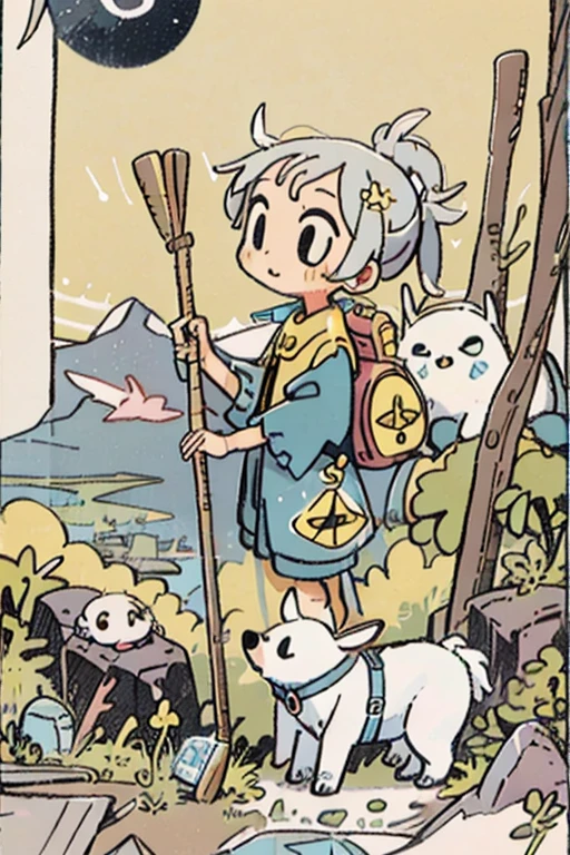 (tarot card:1.8),thefool\(tarot card\),#Quality(8k,best quality,masterpiece,cinematic),solo, #1 girl(cute, kawaii,small kid,standing by the cliff,holding stick,holdinging bindle,ragged clothes),#white dog(beside the girl),#background(cliff,you can see icy mountain in farside,yellow sky,white sun),from side,print the word the fool