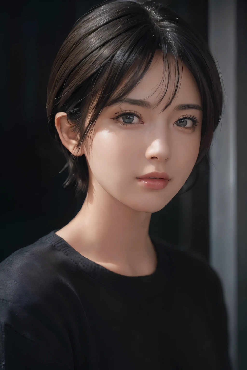 (masterpiece:1.3), (8k, photorealistic, RAW photo, best quality: 1.4), (1girl), beautiful face, (realistic face), (black hair, short hair:1.3), beautiful hairstyle, realistic eyes, beautiful detailed eyes, (realistic skin), beautiful skin, (sweater), absurdres, attractive, ultra high res, ultra realistic, highly detailed, golden ratio