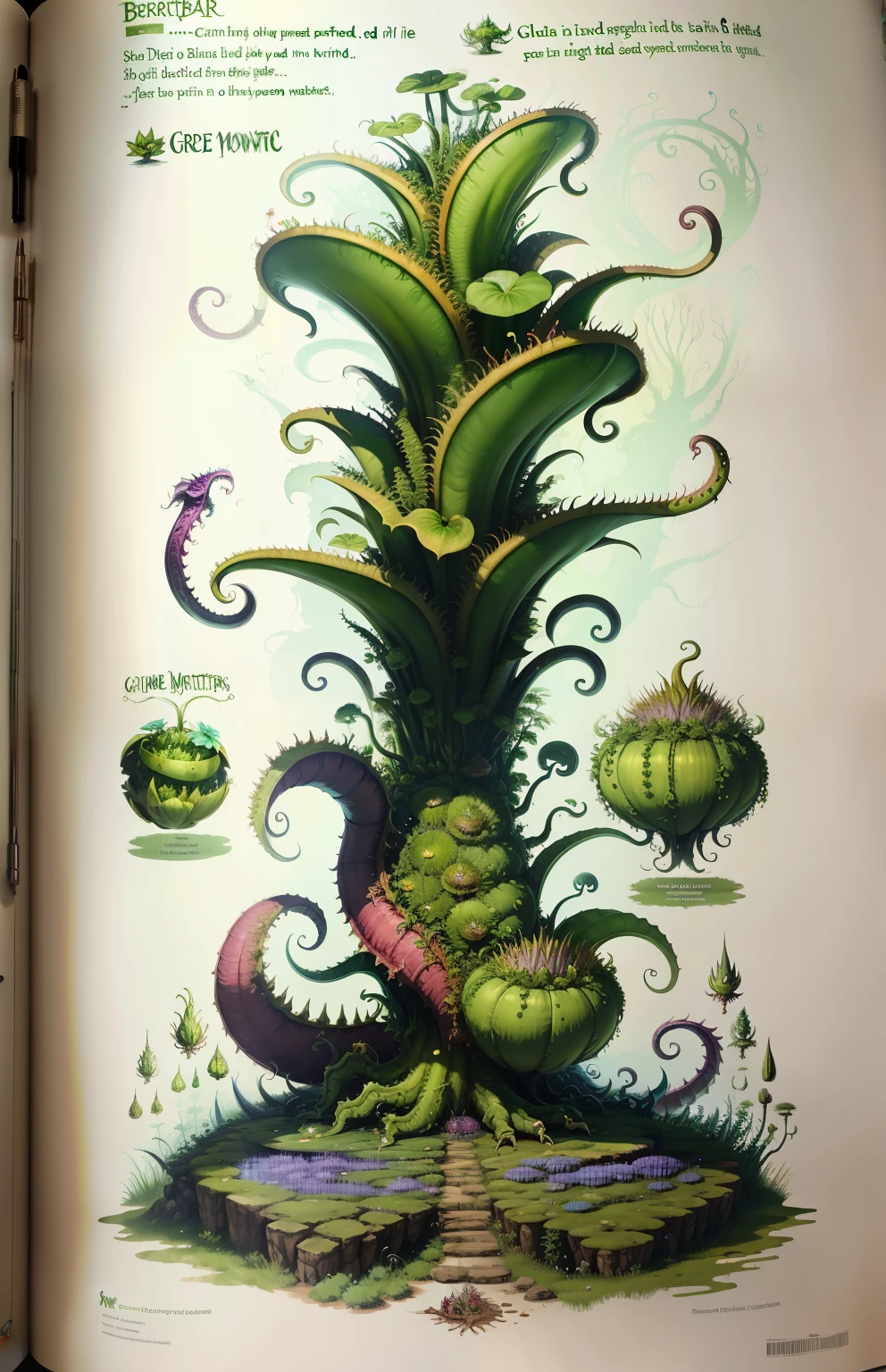 carnivorous plant, green monster, monstrous flower, plant, D&D monster, monster book, sketch, video game bestiary, monster information, status