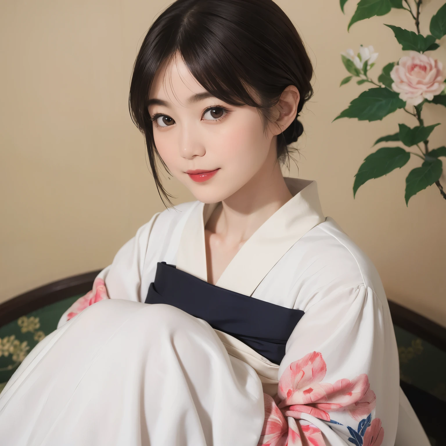 197 (snapdd00-Fp16), Japanese painting, woman, gentle smile, lipstick, short hair, Paintings by Shoen Uemura