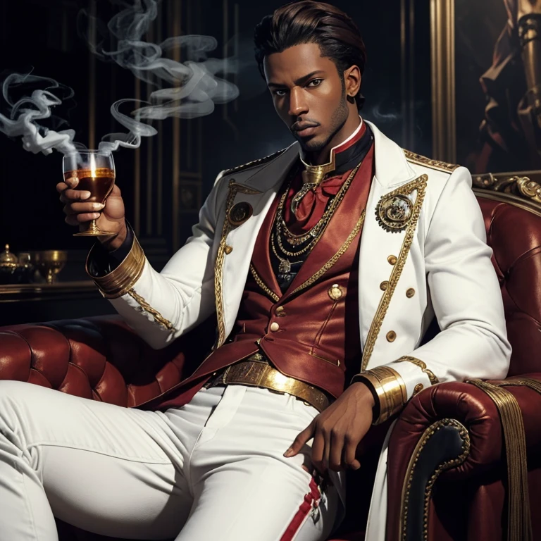 30-year-old man, pimp appearance, white jacket with red lines, white pants with gold details, Steampunk style, dark brown hair, blue eyes, holding a pimp goblet with one hand while smoking with the other, dark skin, slim build, muscular, looking straight at the viewer with a cinema background behind