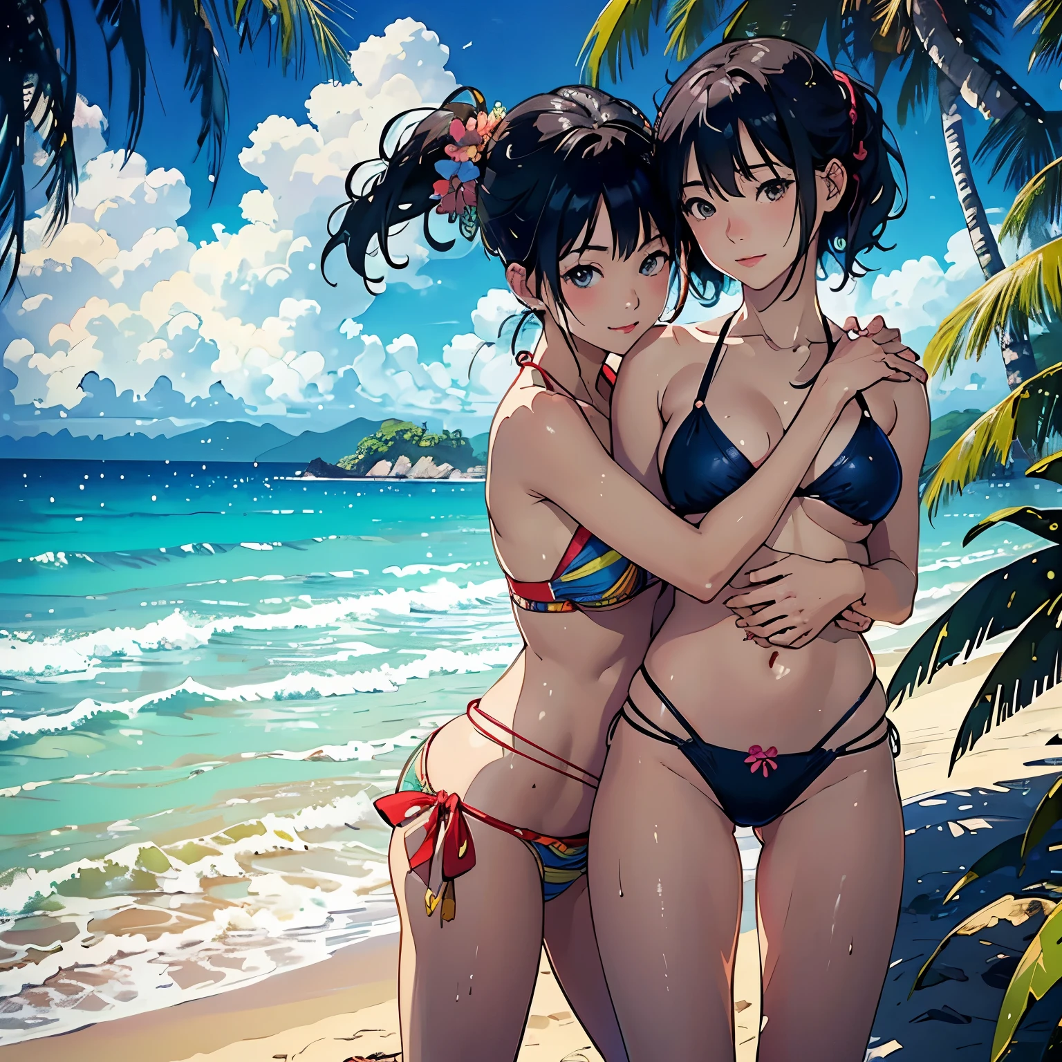 ((highest quality, masterpiece, High resolution))、((anime art))、 ((reality))、beautiful japanese woman、((two women))、18-year-old、(They are friends)、((Hug your partner from behind))、(Detailed depiction of a beautiful face)、smile gently、small breasts、slim body shape、medium short hair、semi-long、bun hair、Wet see-through bikini、(Wrap your waist in fabric with bold ethnic patterns and plenty of primary colors.)、realistic skin、Wet、full body、No zoom、No close-ups、(Beautiful tropical beach landscape photography)、cinematic light、tropical、(flowers on the beach)、Against the background of palm trees、on a sunny beach、With the sea in the background、squall、rainbow、blur background、