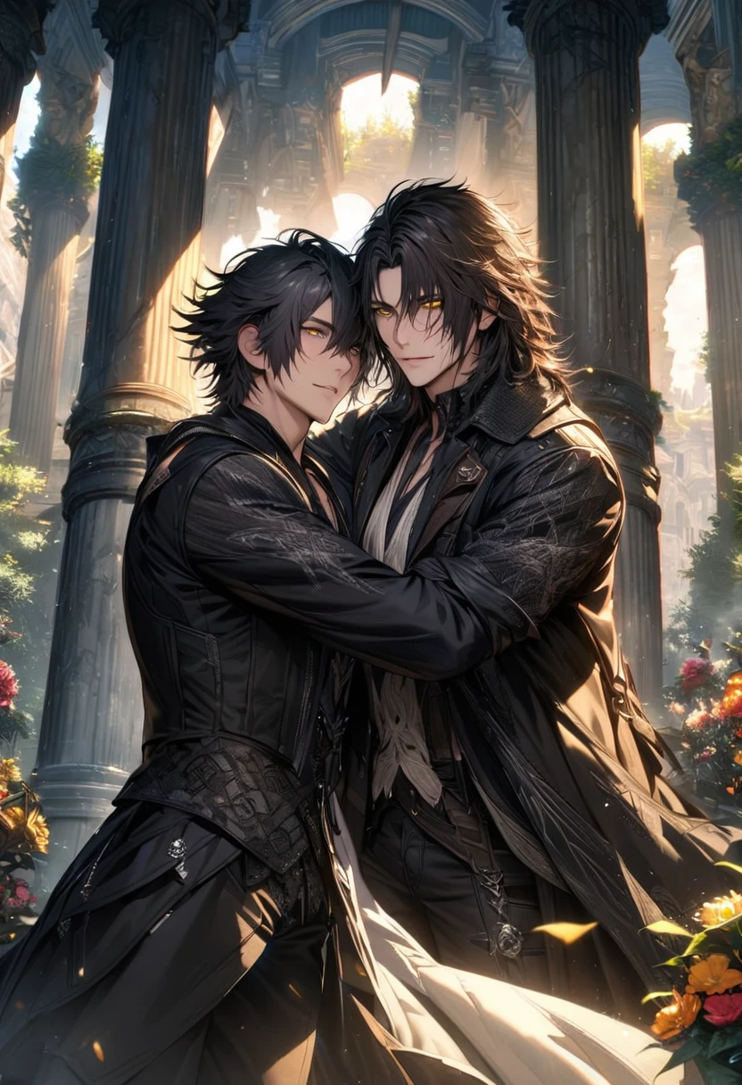 absurdres, highres, ultra detailed, HDR), masterpiece, best quality, vibrant golden eyes, Requiem, black spiky short hair, no bang, Ardyn Izunia, black medium messy hair, hair between the eyes, vibrant golden eyes, Final fantasy xv, 2men hugging, gay, handsome, pillars, flowers, trees