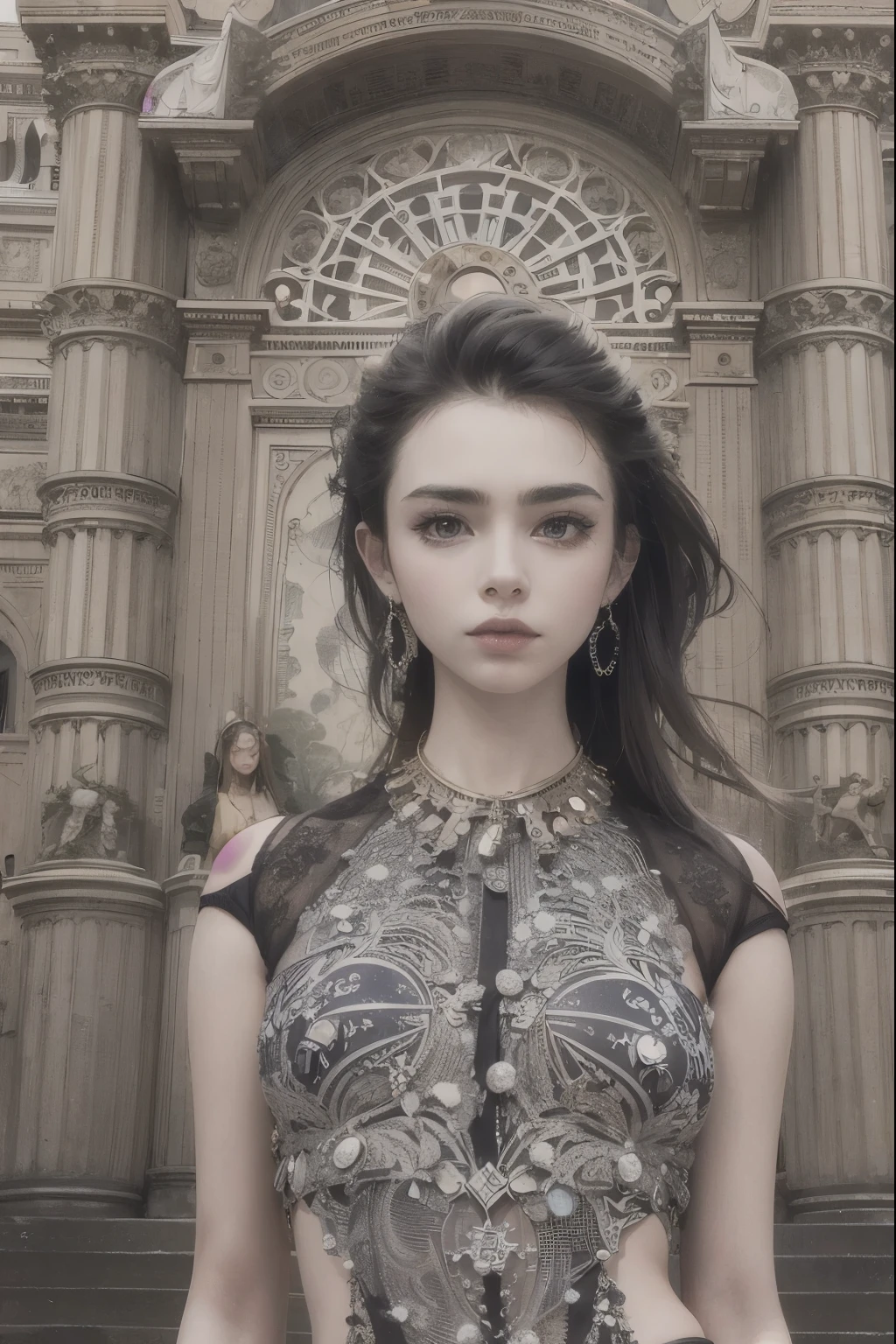 Lily Collins，18 years old，Realistic photo works，fashion show，Professional clothing design，Sexy figure，women&#39;s shirts，Navel exposed，casual pants with multiple buttons，Pull，Broken diamonds，Complex workmanship，Novel style，icon，Company logo，fashion clothing，future technology，paris fashion，Magnificent buildings，future