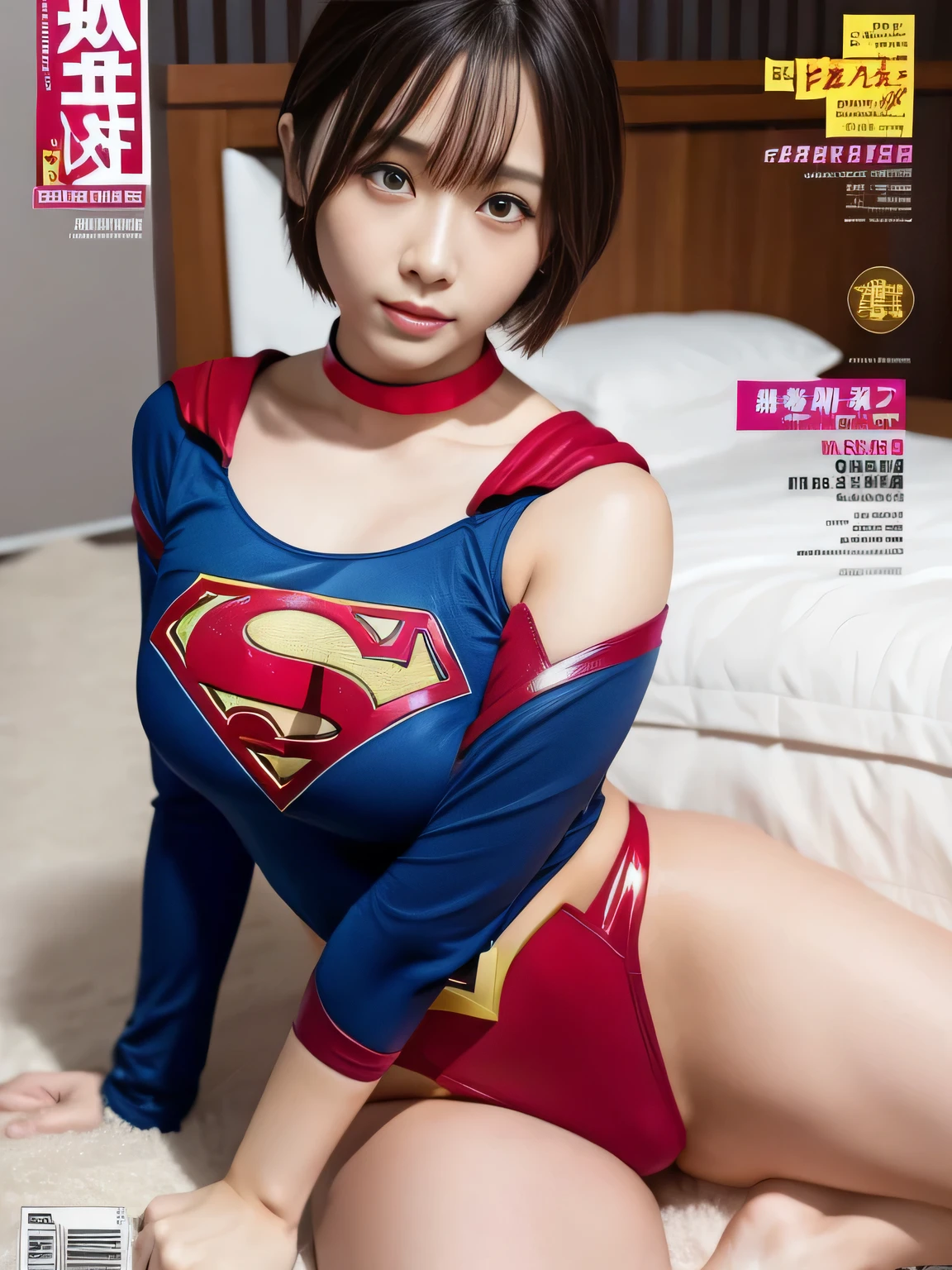 masterpiece、supergirl costume、short hair、barefoot、big and full breasts、public health center、break your legs on the bed、Sexy poses to seduce、model body shape、shiny、looking at camera、choker、long sleeve、red mini skirt、Weekly magazine cover、obscene、sweaty、Radical、off shoulder、Obscene、