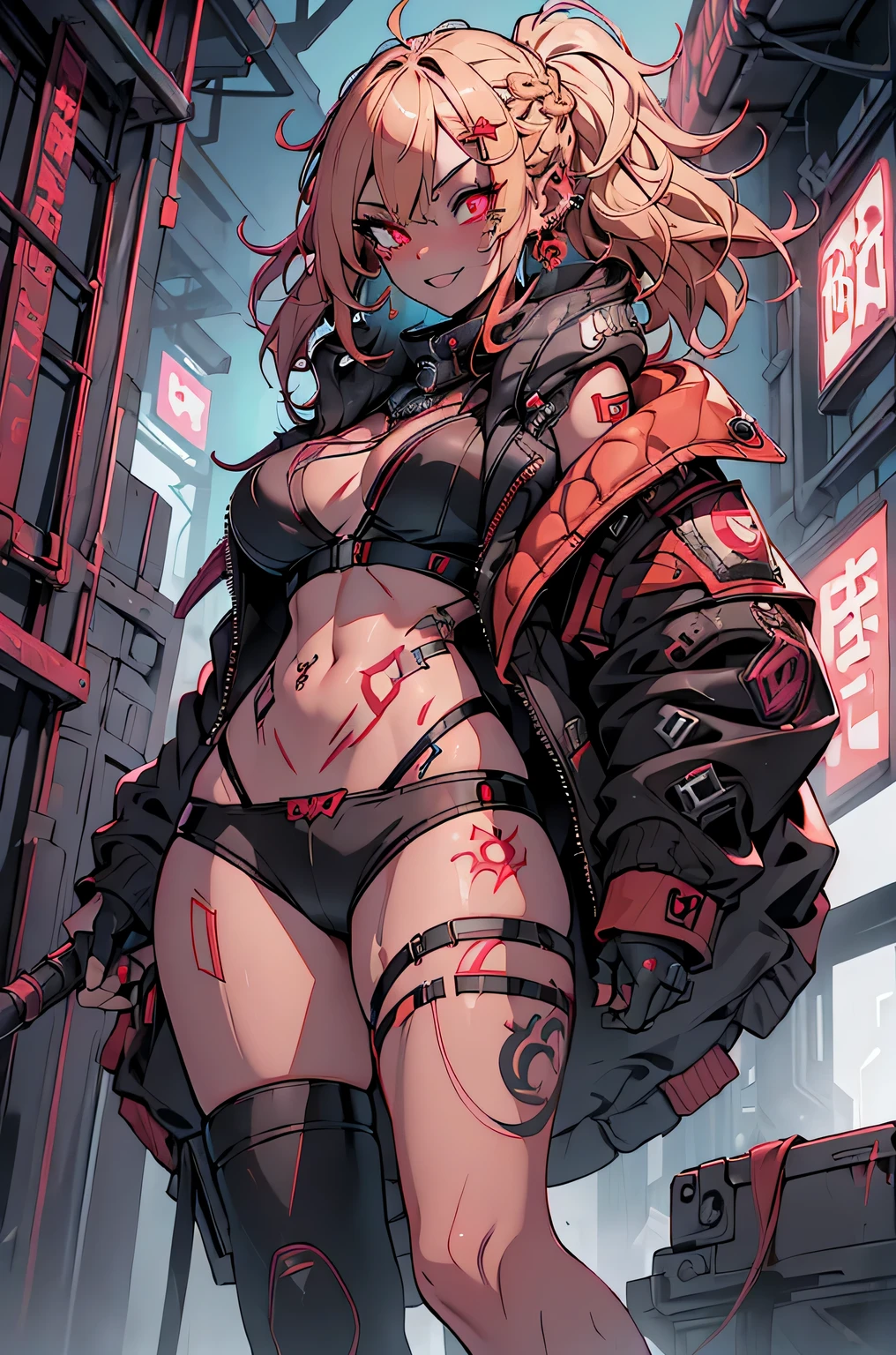 1girl, rebecca \(cyberpunk\), full body, solo, blonde braid hair, glowing red eyes,laugh fearlessly, leg tattoo, neck tattoo,  large chest, black bra, thong, red pupils, skin fang, red eyes, black jacket, carry a big hammer on your shoulder、dynamic angle、dynamic pose、