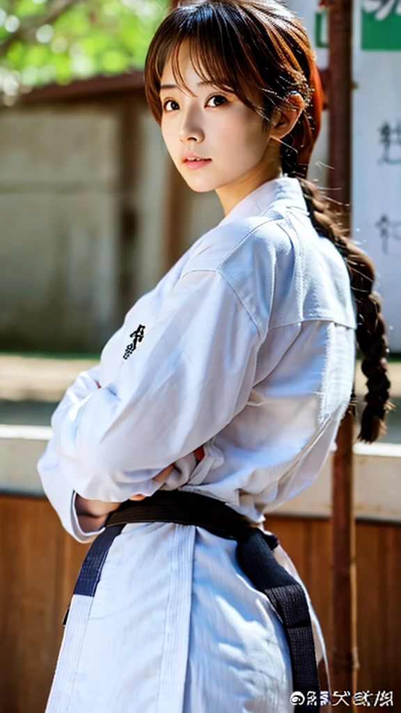 Front view , Full- body, Japanese, 18-year-old, (Light brown hair, short pony tail , Brown fringe eyes, Beautiful Lips, Serious), (middle Breasts, , middle Hips) ,((karate clothes, Black obi)), (White underwear), At the Karate Dojo, Standing on tatami mat, Textured skin ((Surrealism, Fujicolor, Fujifilm, UHD, retina, masterpiece, accurate, anatomically correct, textured skin, super detail, high details, high quality, best quality, 8k))