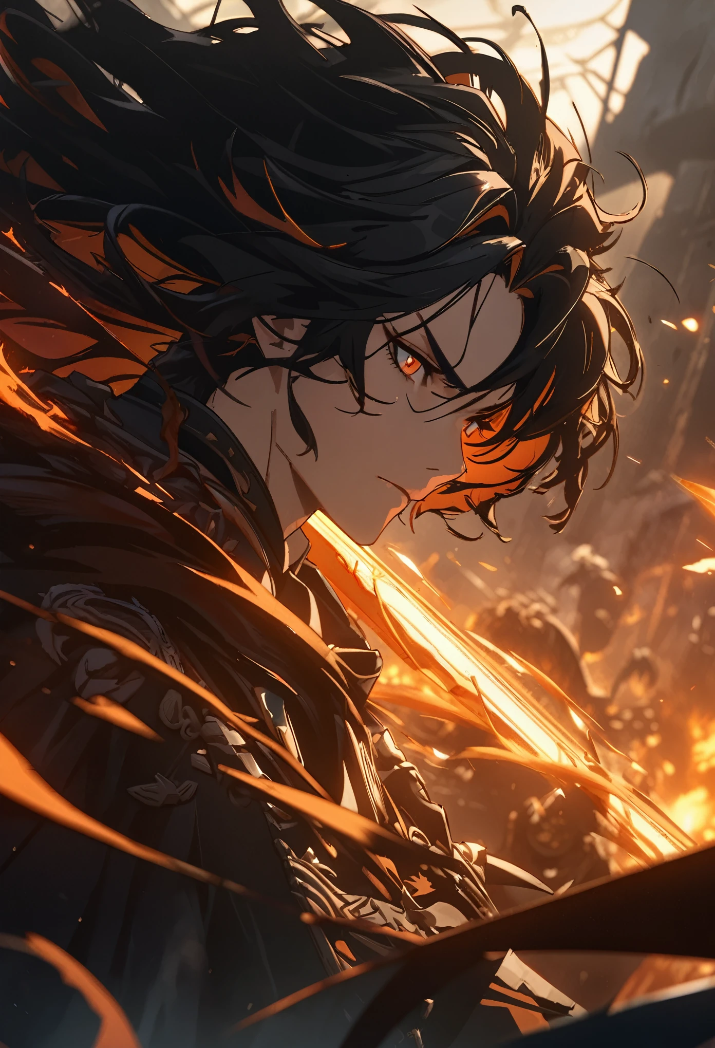 ((solo)), (man), dark orange eyes, black hair, very long hair, messy hair, dark orange colored inner hair, a close up of a person with a sword in a desolate land surrounded by demons and monsters, a burning battlefield, epic, detailed key anime art, honkai star trail character, casimir art, masamune shiro, masamune, handsome guy in demon slayer art, genshin, heise jinyao, shadowverse style, (no logos), DOOM hell, black powers, red infernal scenery, detailed clothes, eye reflection, depth of field, cinematic lighting, ray tracing, depth of field, cinematic lighting, ray tracing, UHD, high details, best quality, highres, high quality, award winning, super detail, masterpiece, 8k, UHD, high details, best quality, highres, high quality, award winning, super detail, masterpiece, 8k, digital art, anime coloring