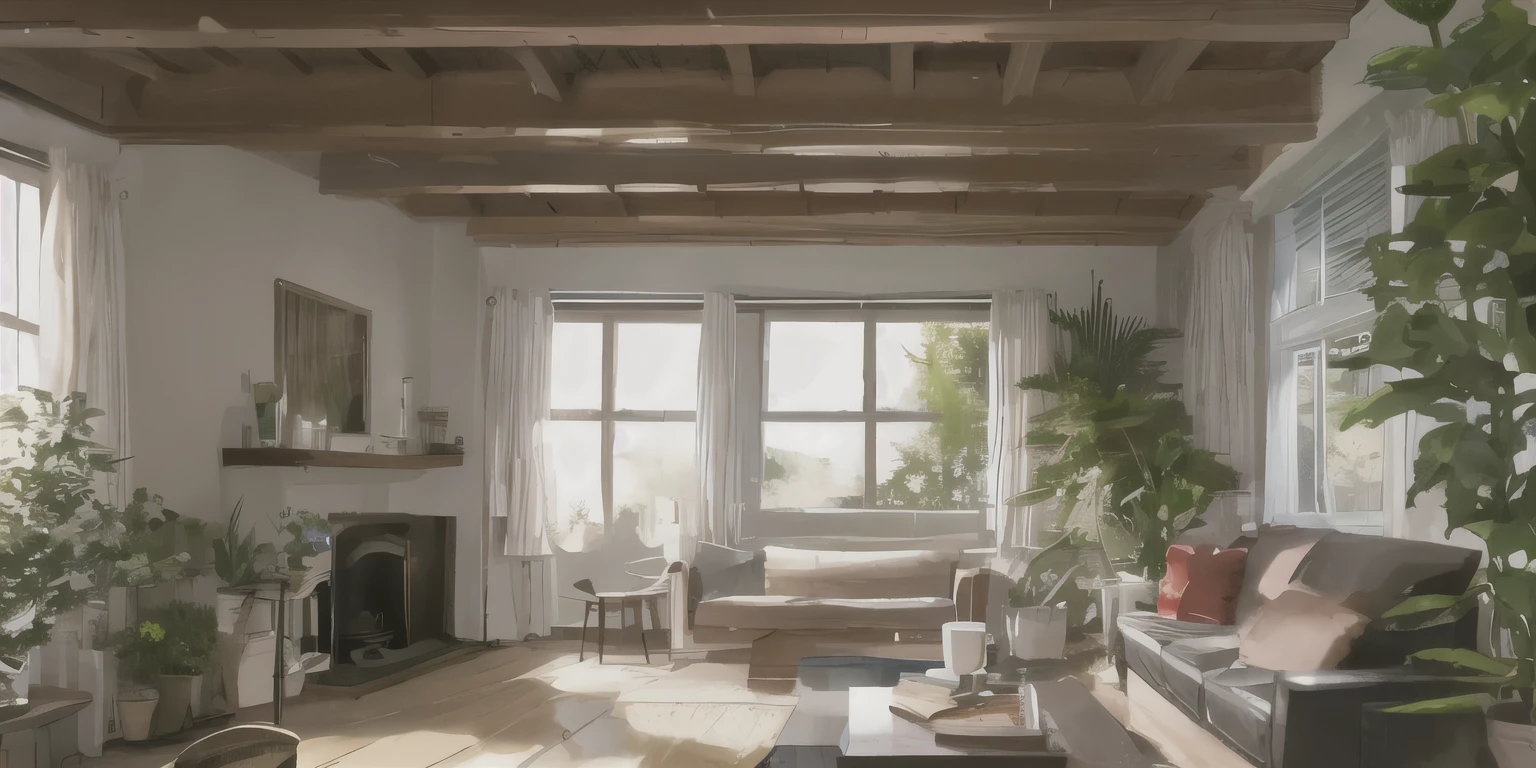 Sofa in living room，Uninhabited and overgrown with plants，There is light，There is a fireplace in the living room，In front of the fireplace is a floor-to-ceiling window，It&#39;s raining outside，see many trees, UE5