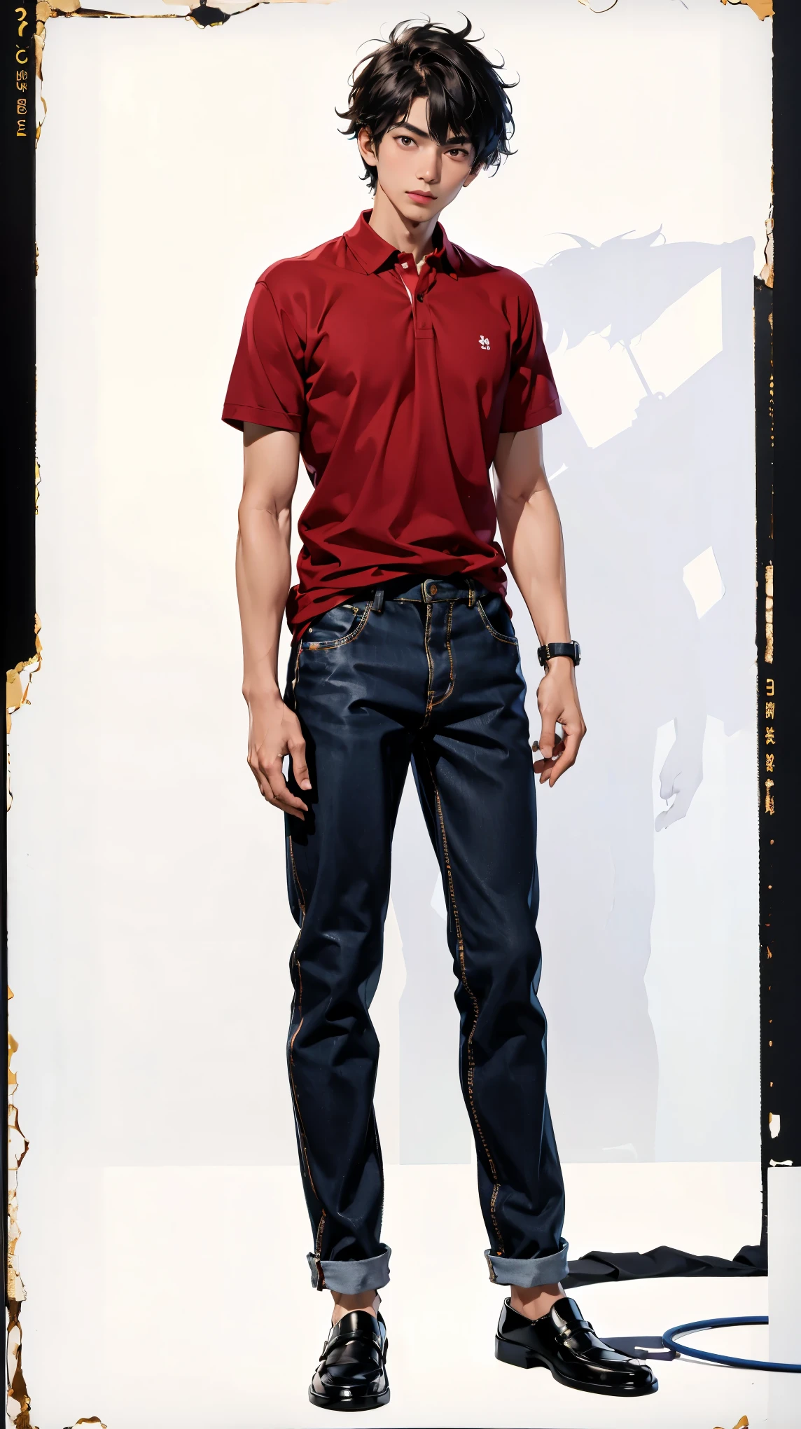 ((best quality,4k,highres,masterpiece:1.2)),((character concept art)), 1 male, 18-year-old Asian guy, Med school student, nerdy, shy, smart, ((messy hair)), average height, average look, very muscular body, classic bodybuilder body, wearing polo shirt, chinos, loafers, (standing casually), (full body showcase), (show full body), (no logos on background), (no logo), ((plain background)), ((plain background)), (((empty background)))