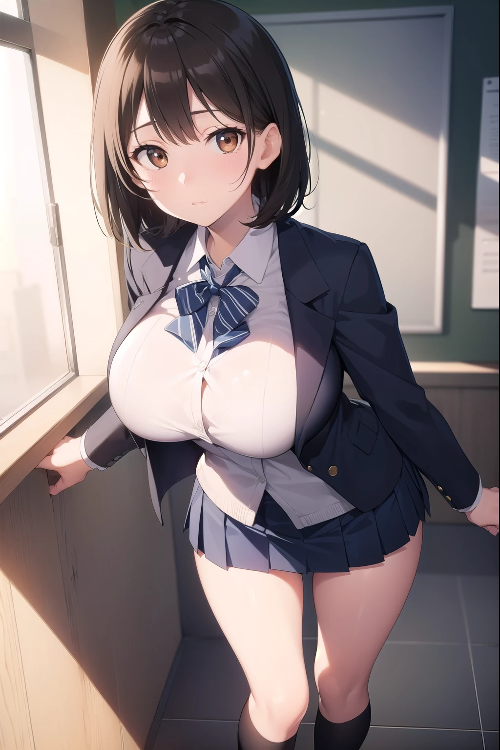 black hair, (brown eyes:1.5),  (shot hair:1.6),
BREAK blazer, blue skirt, jacket, otonokizaka , pleated skirt, , winter uniform, (short skirt:1.6), (micro skirt:1.6), (big breasts:1.6), (slender:1.4), (thong:1.2), 
BREAK looking at viewer,
BREAK indoors, classroom, 
BREAK (masterpiece:1.2), best quality, high resolution, unity 8k wallpaper, (illustration:0.8), (beautiful detailed eyes:1.6), extremely detailed face, perfect lighting, extremely detailed CG, (perfect hands, perfect anatomy),