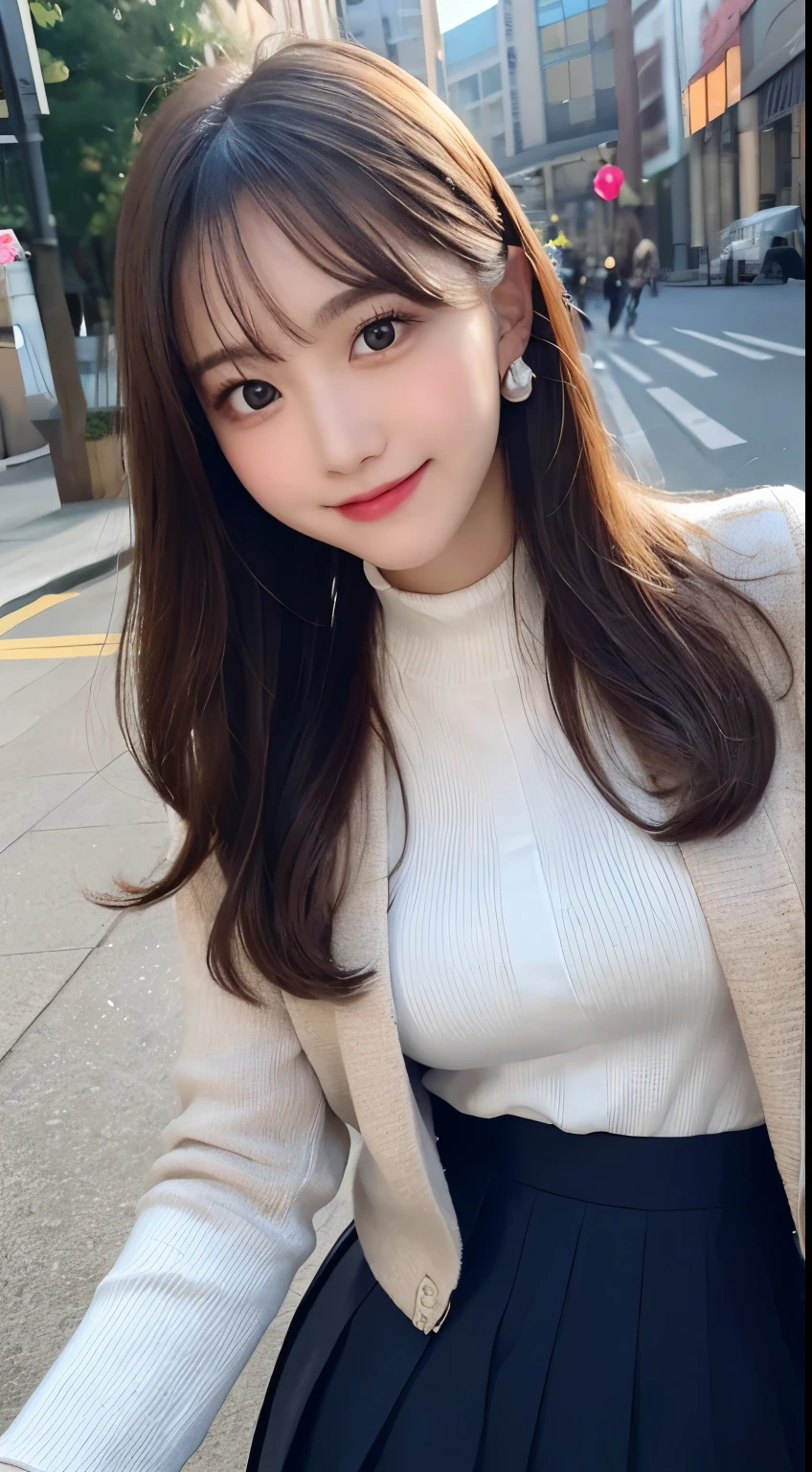 table top, highest quality, shape, Super detailed, finely, High resolution, 8k wallpaper, 完璧なダイナミックな構shape, beautiful and detailed eyes, small breasts, natural color lip, ランダムなsexy pose,smile,20 year old girl、Beautiful and dense face、perfect and beautiful face,Big eyes、real photos(best image quality),cute face、cute、Jacket、long sleeve blouse、pleated skirt、blur the background、sexy pose、Shoot the subject from below、smile、Photographing the sky