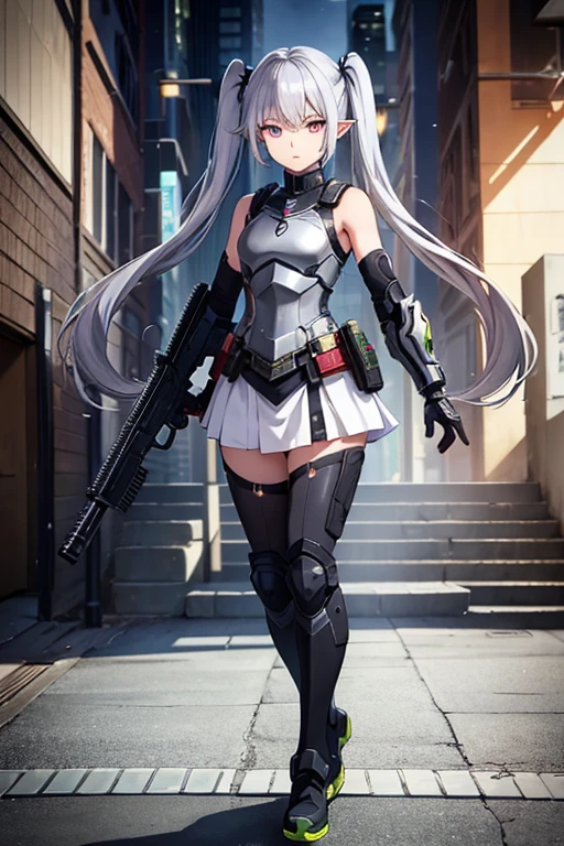 anime picture、Full body portrait、ShadowRun、Holding an assault rifle in hand、An elven woman, about 18 years old, about 145cm tall.、No expression、silver hair twintails、flat chest、white skirt、black tights、eyes are green、Breastplate、gloves、arm guard、Leggers、shoulder armor