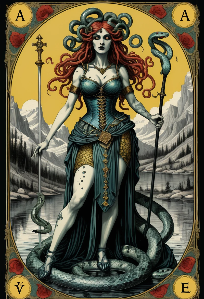 tarot card art , hand drawn, vintage, intricate, ornate deft crafted tarot art, sacred geometry subliminal aesthetics, Pieter Bruegel the Elder art style tarot card, tarot line art with painting coloring, Two women inverted mirror flipped, Tank Girl standing in standard pose, her feet connected to underworld, Medusa below holding a sword and her severed snake-haired head (homage to suicide queen playing card)
