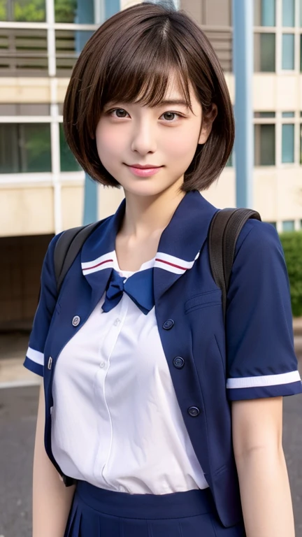 20th generation、japanese woman、Breasts come out from the uniform、spread your legs、cute、short cut brown hair、inside the school