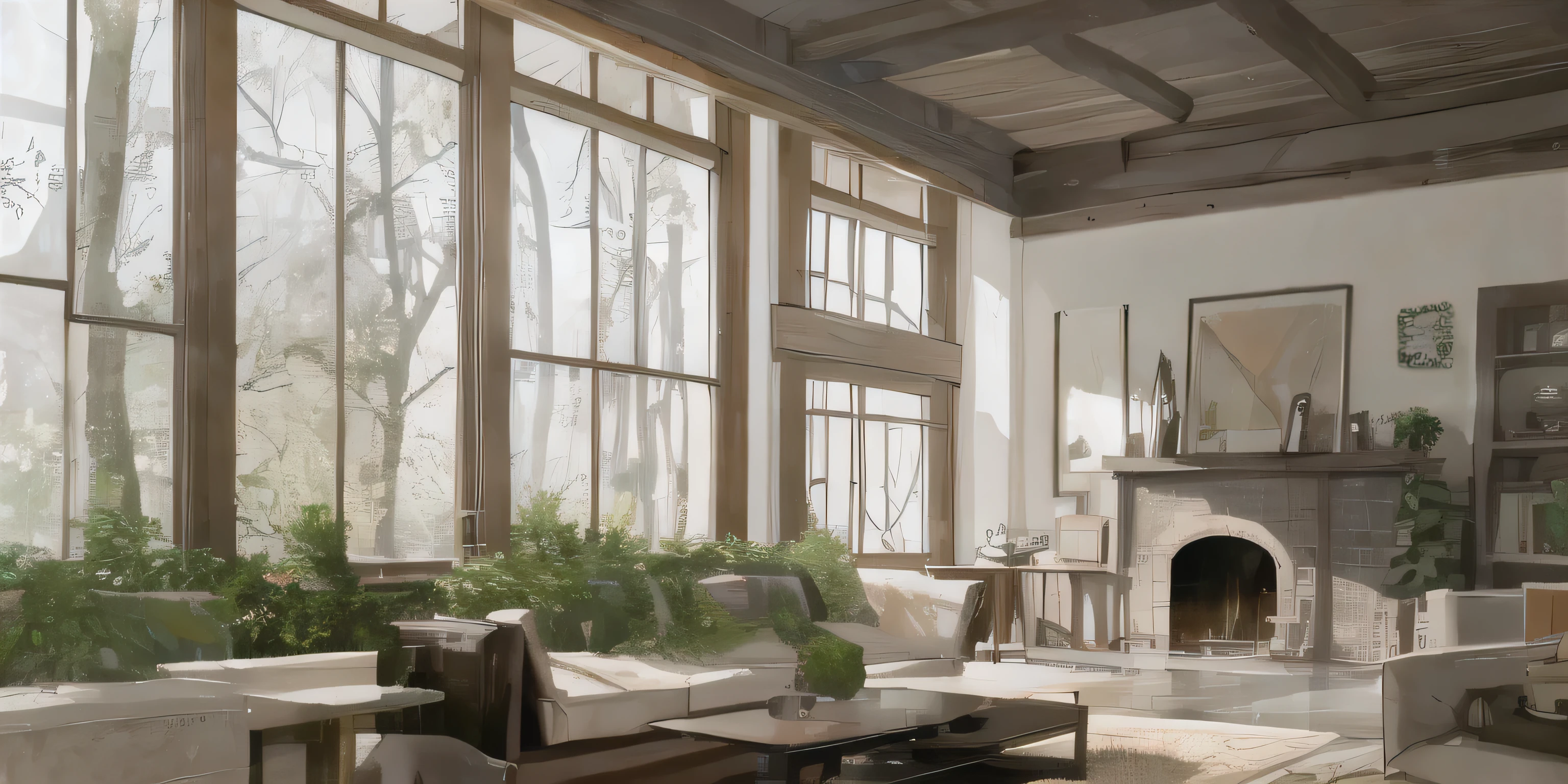 Sofa in living room，Uninhabited and overgrown with plants，There is light，There is a fireplace in the living room，In front of the fireplace is a floor-to-ceiling window，It&#39;s raining outside，see many trees, UE5