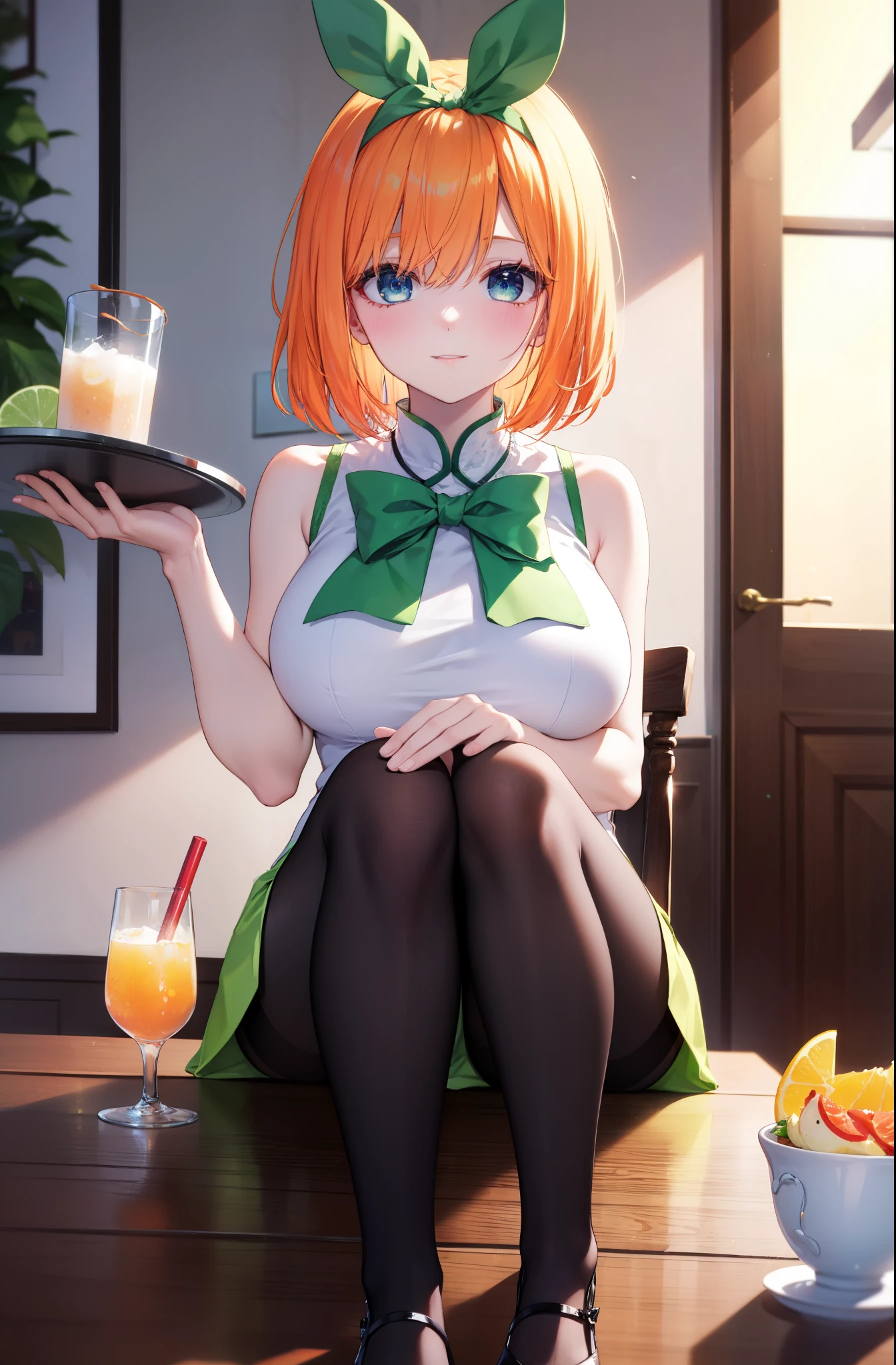 yotsubanakano, yotsuba nakano, bangs, short hair, blue eyes, hair between eyes, hair ribbon, hair band, orange hair,big breasts, green ribbon, bow, ribbon, green ribbon, green sleeveless cheongsam,green slit skirt,black pantyhose,stiletto heels,food, drink, cleaning, tray, tray in one hand,come to the table to take the order,happy smile, 口を開ける
break looking at viewer,
break indoors, chinese style indoor,
break (masterpiece:1.2), highest quality, High resolution, unity 8k wallpaper, (shape:0.8), (fine and beautiful eyes:1.6), highly detailed face, perfect lighting, Very detailed CG, (perfect hands, perfect anatomy),