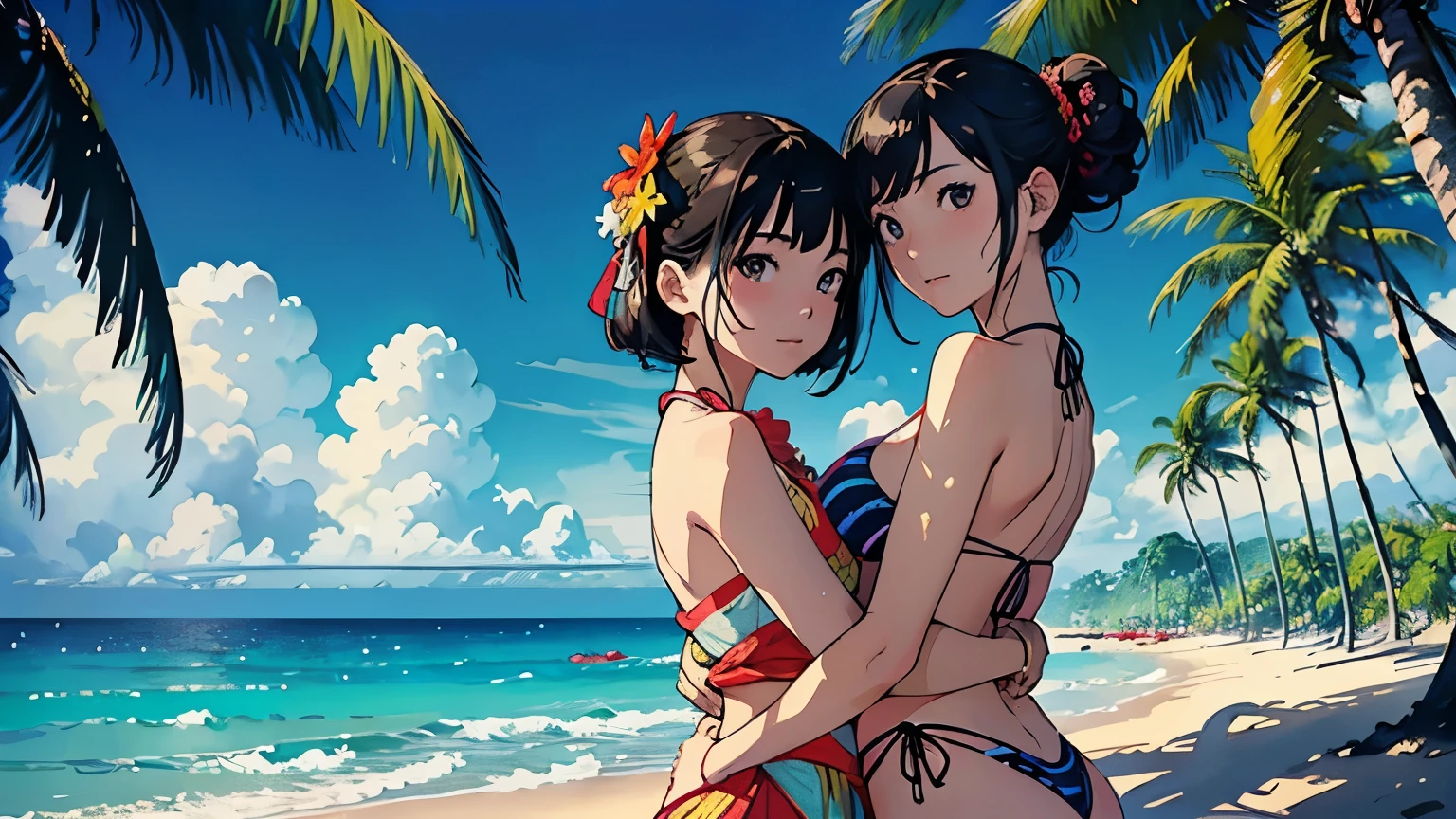 ((highest quality, masterpiece, High resolution))、((anime art))、 ((reality))、beautiful japanese woman、((two women))、18-year-old、(They are friends)、((Hug your partner from behind))、(Detailed depiction of a beautiful face)、smile gently、small breasts、slim body shape、medium short hair、semi-long、bun hair、Wet see-through bikini、(Wrap your waist in fabric with bold ethnic patterns and plenty of primary colors.)、realistic skin、Wet、full body、No zoom、No close-ups、(Beautiful tropical beach landscape photography)、cinematic light、tropical、(flowers on the beach)、Against the background of palm trees、on a sunny beach、With the sea in the background、squall、rainbow、blur background、