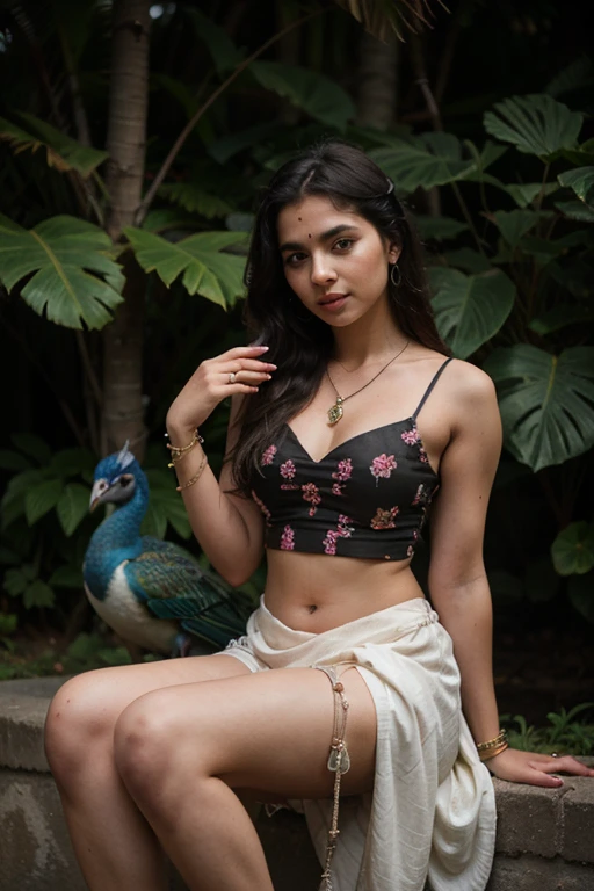 photography of a 20yo woman, perfect face, masterpiece, lehnga, indian girl dusky skin, having rose in hair , sit on cow, peacocks🦚 are standing in side in jungle jewellery in head neck, elbow hands finger, waist, wrists, bindi on head,
4 necklaces in neck , in nose, ear, bangle,, jewellery in feet, lpng black hair, flowers on them, romance l with guy of same age, 22 year, dark indian boy