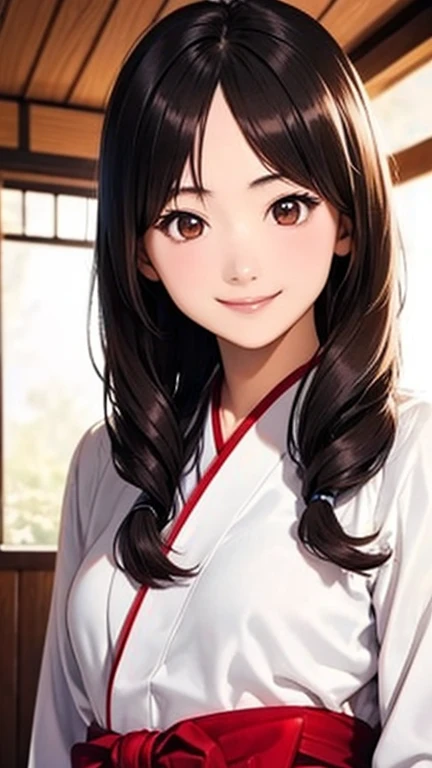 highest quality、realistic、Japanese、、cute、smile、white underwear、black hair、long hair、all back、、brown eyes、smile、glossy red lips、Forehead exposed、Bedroom、slender、smallbrests.