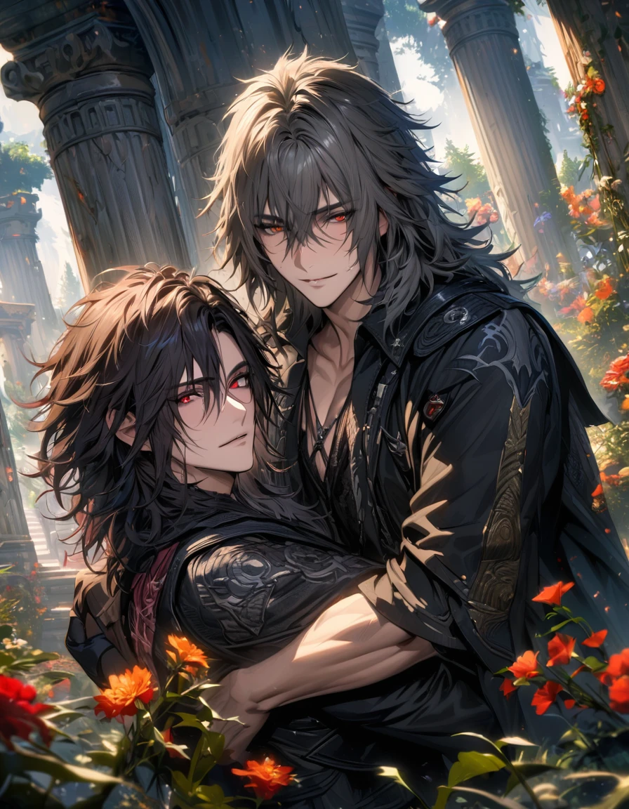 absurdres, highres, ultra detailed, HDR), masterpiece, best quality, vibrant red eyes, Requiem, black spiky medium hair, Ardyn Izunia, black medium messy hair, hair between the eyes, vibrant golden eyes, Final fantasy xv, 2men hugging, gay, handsome, pillars, flowers, trees