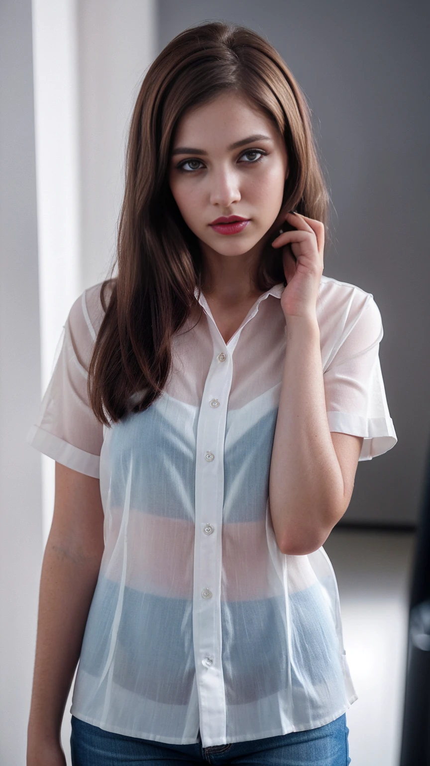 Boycut brown shining hair, (RAW photo), (realism: 1.8), (gloss red lipstick, many eyelashes, dark black eye shadow, shy, blushing, high quality, high resolution, depth of field, chromatic aberration, caustic, wide light, dark pink fair glossy skin, (21 year old woman), stylish college girl, white shirt-blue jeans, lots of exposure, pose, visible 8k resolutions, LazyMix+ (Real Amateur Nudes)