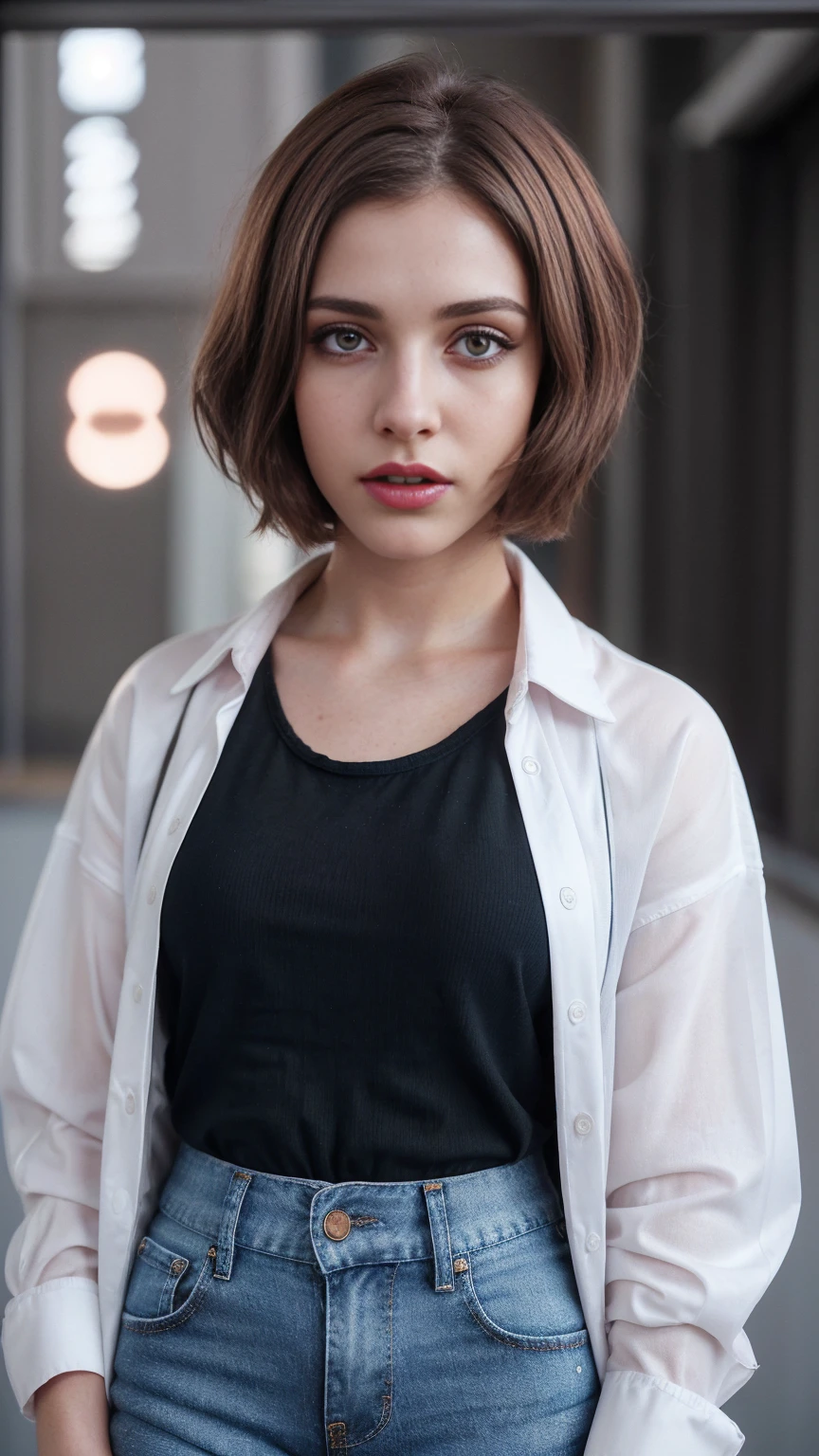 Boycut brown shining hair, (RAW photo), (realism: 1.8), (gloss red lipstick, many eyelashes, dark black eye shadow, shy, blushing, high quality, high resolution, depth of field, chromatic aberration, caustic, wide light, dark pink fair glossy skin, (21 year old woman), stylish college girl, white shirt-blue jeans, lots of exposure, pose, visible 8k resolutions, LazyMix+ (Real Amateur Nudes)