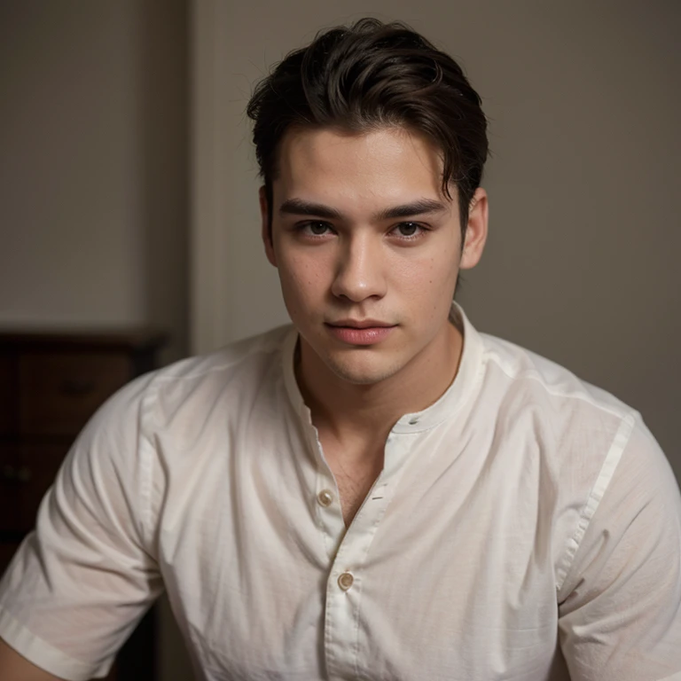 Adolecente hombre muy joven asiatico normal con camisa, corte de pelo hasta la barbilla, handsome, hair that covers more of his forehead 