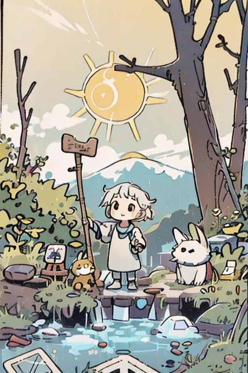 (tarot card:1.8),the fool\(tarot card\),#Quality(8k,best quality,masterpiece,cinematic),solo, #1 girl(cute, kawaii,small kid,standing at the cliff:1.4,holding stick,holdinging bindle,ragged clothes,cute face),#white dog(beside the girl),#background(you can see icy mountain in farside,yellow sky,white sun),from side,