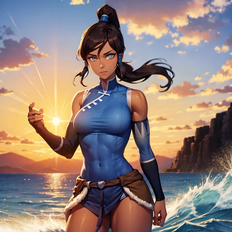 korra, dark skin, dark-skinned female, ponytail, muscular female, high quality, detailed, high resolution, sun set background.
