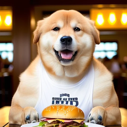 professional photos [(((buffswoldage))):buffswoldage:8], grin, dog&#39;s body, eat a big hamburger at a restaurant, dramatic light like a movie, smooth transition, Bokeh,white tank top,wearing a tank top,CBD logo on front of tank top,CBD logo on burgers