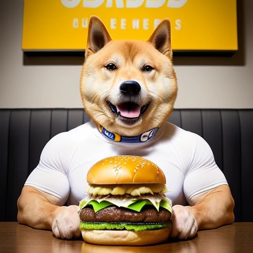 professional photos [(((buffswoldage))):buffswoldage:8], grin, dog&#39;s body, eat a big hamburger at a restaurant, dramatic light like a movie, smooth transition, Bokeh,white tank top,wearing a tank top,CBD logo on front of tank top,CBD logo on burgers