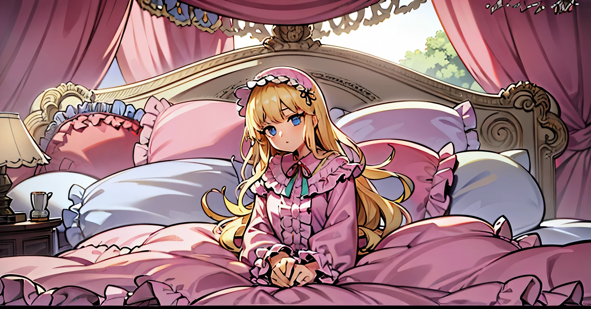 ,highest quality, masterpiece, highest resolution, artwork, super それにget used to it, many get used to it, get used to it, それにget used to it, 3K anime illustration,(( 10 year old girl)),Super detailed baby face,high quality small face,long blonde hair that grows to the waist,blue eyes,白い肌のeuropean,pajamas, european,(((super long blonde hair))),curly hair,blue eyes,((((ピンクのロリータファッションのlong skirtのワンピースドレス)))),((Pink dress with lots of frills and ribbons)),((Luxurious headdress with frills and ribbons)),detailed headdress,,(((big yoke collar))),Yoke collar with ruffles and ribbons,((((long sleeve)))),ruffle sleeves,((((long skirt)))),white ruffle and lace socks,large frill and ribbon pillow,(((Nice pink outfit))),豪華なcanopy bedの上,canopy bed,The bed is surrounded by luxurious curtains,many frilly pillows on the bed,There are many frilly pillows behind the girl.,super detailed background,detailed bed,soft pink comforter,Highly detailed soft ruffle pillow,Beautiful girl illustration,detailed beautiful face,thin hair,detailed eye ,detailed eyes,detailed mouth, arm details,fine hands,Detailed pillow,wide bed,Illustration on the bed, ,((((round futon)))),((((A large ruffled futon that covers the entire bed)))),detailed comforter,detailed bedシーツ,Before bedtime,romantic atmosphere,palace bedroom,((((The lower half of the body is hidden under the futon and the puffy skirt.....)))) The girl is leaning on a pile of pillows, ,((((round futon)))),((((A large ruffled futon that covers the entire bed)))),((((not wearing shoes)))),