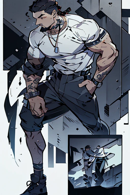 A visually descriptive prompt featuring a thin man with a meticulously trimmed beard and a long, braided hair in a ninja-style cut. His body is adorned with tattoos on his shoulders, chest, and right leg, while he rocks an urban-style outfit with a white t-shirt and a black one layered on top.