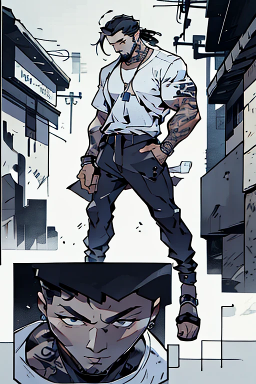 A visually descriptive prompt featuring a thin man with a meticulously trimmed beard and a long, braided hair in a ninja-style cut. His body is adorned with tattoos on his shoulders, chest, and right leg, while he rocks an urban-style outfit with a white t-shirt and a black one layered on top.