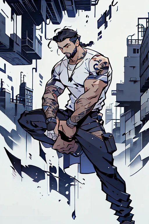 A visually descriptive prompt featuring a thin man with a meticulously trimmed beard and a long, braided hair in a ninja-style cut. His body is adorned with tattoos on his shoulders, chest, and right leg, while he rocks an urban-style outfit with a white t-shirt and a black one layered on top.