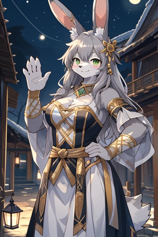 (best quality), (masterpiece), (ultra detailed), sharp focus, niji, eyesgod, green eye, looking_at_viewer, standing with waving hand, smile, kemonomimi, animal_rabbit_ear, light-white fur, Grey fur, upper body, anthro (rabbit), female, (rabbit), middle-aged, scar on face and hand, gray body, white belly, fitbody, dancer costume, village, ultra detailed face, low light, night, night vibes, trabern