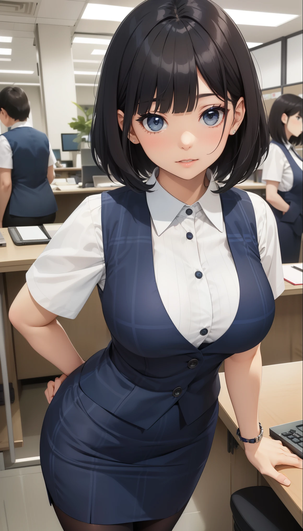 Japanese woman dressed as an office lady、
(((masterpiece))), ((Highest quality)), ((Intricate details)), (((超Realisticな)), An absurd solution, Near and far, Very detailed, Realistic, One Girl, (Ample breasts), Perfect hands, Detailed fingers, Beautiful and fine details, short hair,,(Dark blue tight skirt:1.2), Detailed Background、Bright interior,White blouse, Perfect Eyes, Captivating eyes, Look at the viewers, Butt、Calf、(High heels),(pantyhose),Captivating thighs