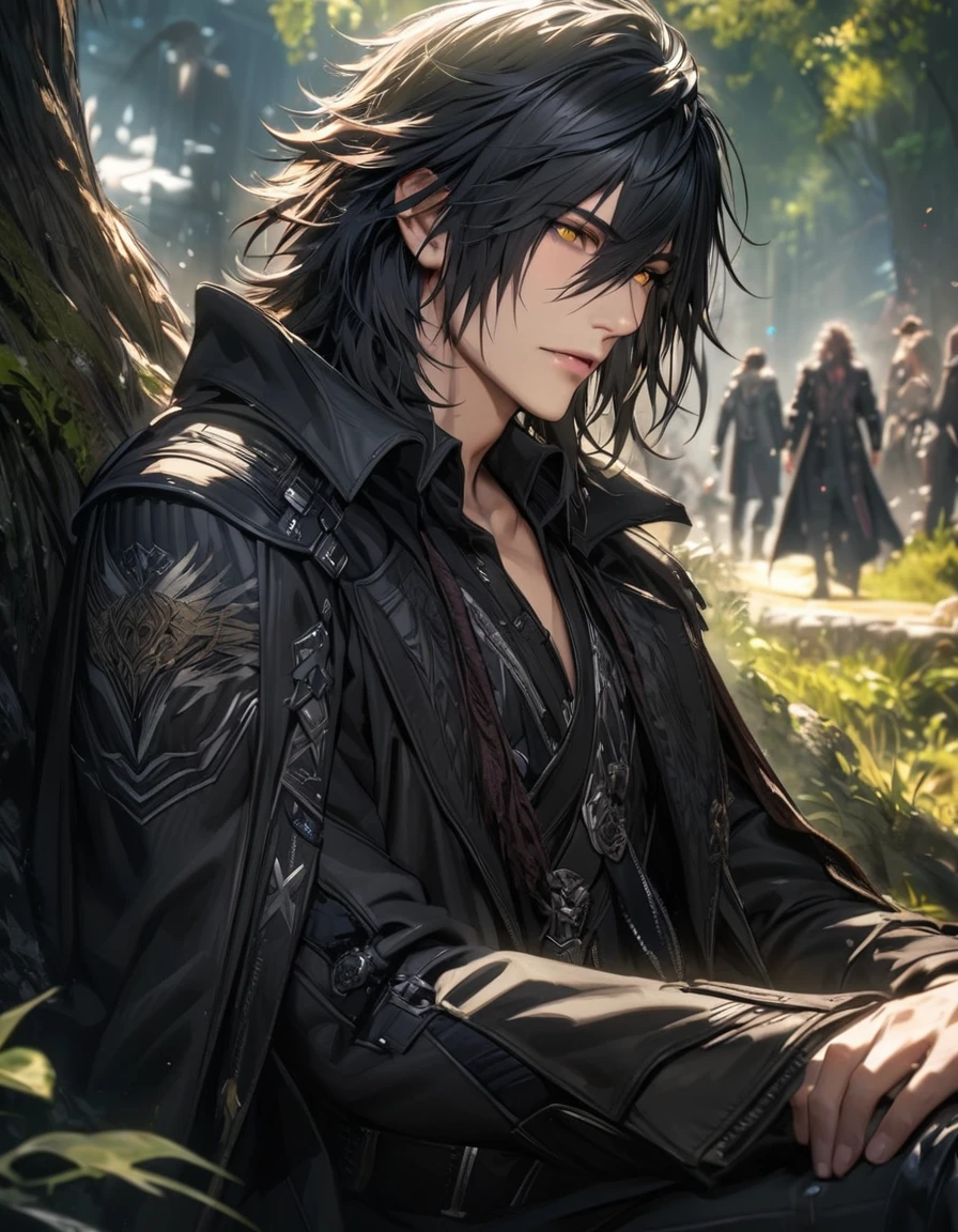 absurdres, highres, ultra detailed, HDR), masterpiece, best quality, vibrant golden eyes, Ardyn Lucis Caelum, black hair, black hat, Final fantasy xv, 1man,handsome, sitting under a tree