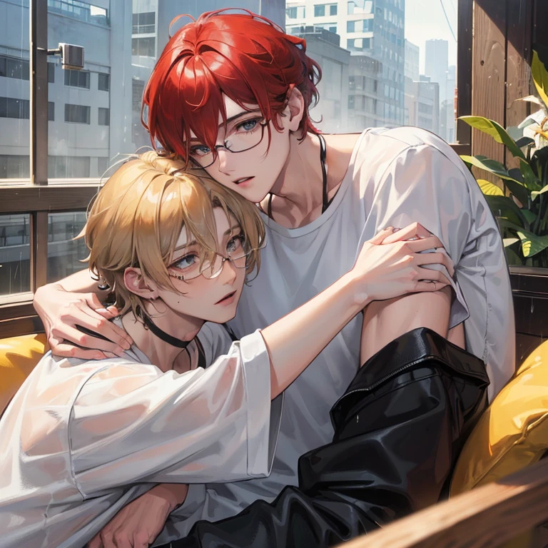 Handsome young man in blonde hair, big blue eye, tall and thin, deep gaze upon the love, hugging the Handsome young man, white skin, reddish curly hair to the shoulder, big deep jaded eyes, wearing big black rim eyeglasses, wearing oversize white tshirt with big print at front, eating ice cream messily. Two man hugging each other under the rain.