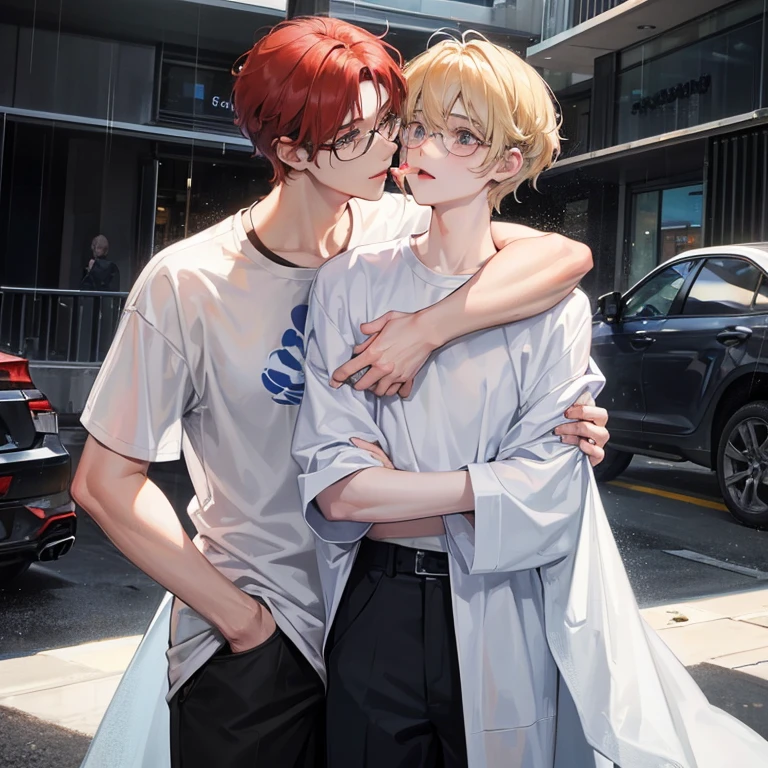 Handsome young man in blonde hair, big blue eye, tall and thin, deep gaze upon the love, hugging the Handsome young man, white skin, reddish curly hair to the shoulder, big deep jaded eyes, wearing big black rim eyeglasses, wearing oversize white tshirt with big print at front, eating ice cream messily. Two man hugging each other under the rain.