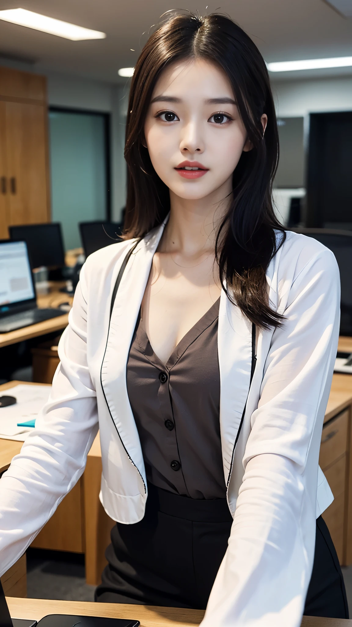 (best quality), (8K), (20 year old woman), (small face), (realistic), (ergonomic), (HUD), (detailed), (perfect face), (ultra-high resolution), (perfect body), (clean skin), (Detail expression), (1 woman), (professional photography), Office Girl, In the middle of a huge and spacious office, tight tulip skirt, office lookbook, Layered cut, Short hair, deep v-neck shirt, super big tits, saggy breasts, gaping breasts, red lips, chapped lips, circle lens, korean beauty, suit kit, ultra high resolution, 8 thousand, perfect body, HUD, Ergonomic, slim legs, small face, long eyelashes, Sparkling pink lips, eye for detail, clean skin, blemish-free face, Highly Detailed CG Integrated 8 thousand Dendenden Wallpapers, Detail, High quality RAW color photos, professional photography, sleeve casual jacket, lady office blazer,