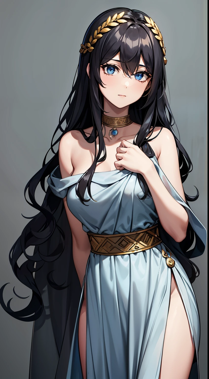 (high-quality, breathtaking),(expressive eyes, perfect face) 1girl, female, solo, adult, dark black color hair, blue highlight in hair, tanned skin, pale light blue eye color, medium hair length, fluffy spiky hair, wavy curly hair, black dress with gold trim, tunic, Greek Goddess, Ancient Greek Dress, Greek Clothes, Symmetrical Eyes, portrait, halfbody, positive expression, grey background, elegant, mature, beautiful, soft smile, hair between eyes, SunsetHuman, collar
