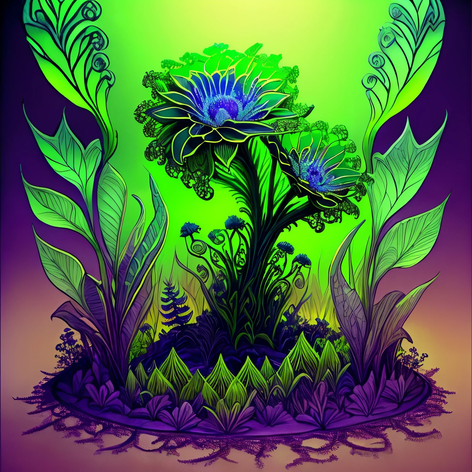 (best quality,sketch-like,masterpiece:1.2),ultra-detailed,realistic,horror,green monster,monstrous flower,carnivorous plant,D&D monster,video game bestiary,plant,transformation,intricate details,sharp focus,ethereal lighting,vivid colors,exotic texture,ominous atmosphere,bio-luminescence,lush environment,surreal landscape
