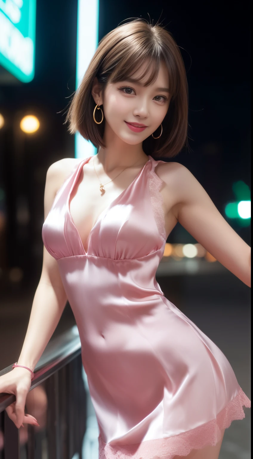 8K, table top, immature, highest quality, realistic, Highly detailed CG Unity 8K wallpaper, Depth of written boundary, cinematic light, Lens flare, ray tracing, (very beautiful face, beautiful lips, beautiful eyes), face with intricate details, ((highly detailed skin)) 1 girl, in the dark, deep shadow, cute korean girl, K-POPアイドル, 1 girl, (very slim and slender fit muscular body:1.3), ((looking at the viewer)),(big smile:1.3), (fashion city night, dark night, (neon sign), (blurred background), fashion street night),(no people in the background:1.3), beautiful earrings, bracelet, necklace, pantyhose, clear eyes, walk, (pale skin), (big eye ace forward, (brown hair body shot), ((silk hot pink color dress:1.3)), ((tight fit dress)), ((lace dress)), (looking at the viewer:1.3) open chest, very slim, big breasts,cleavage, buckshot, front of eyebrows,(tight dress), mini skirt,short hair