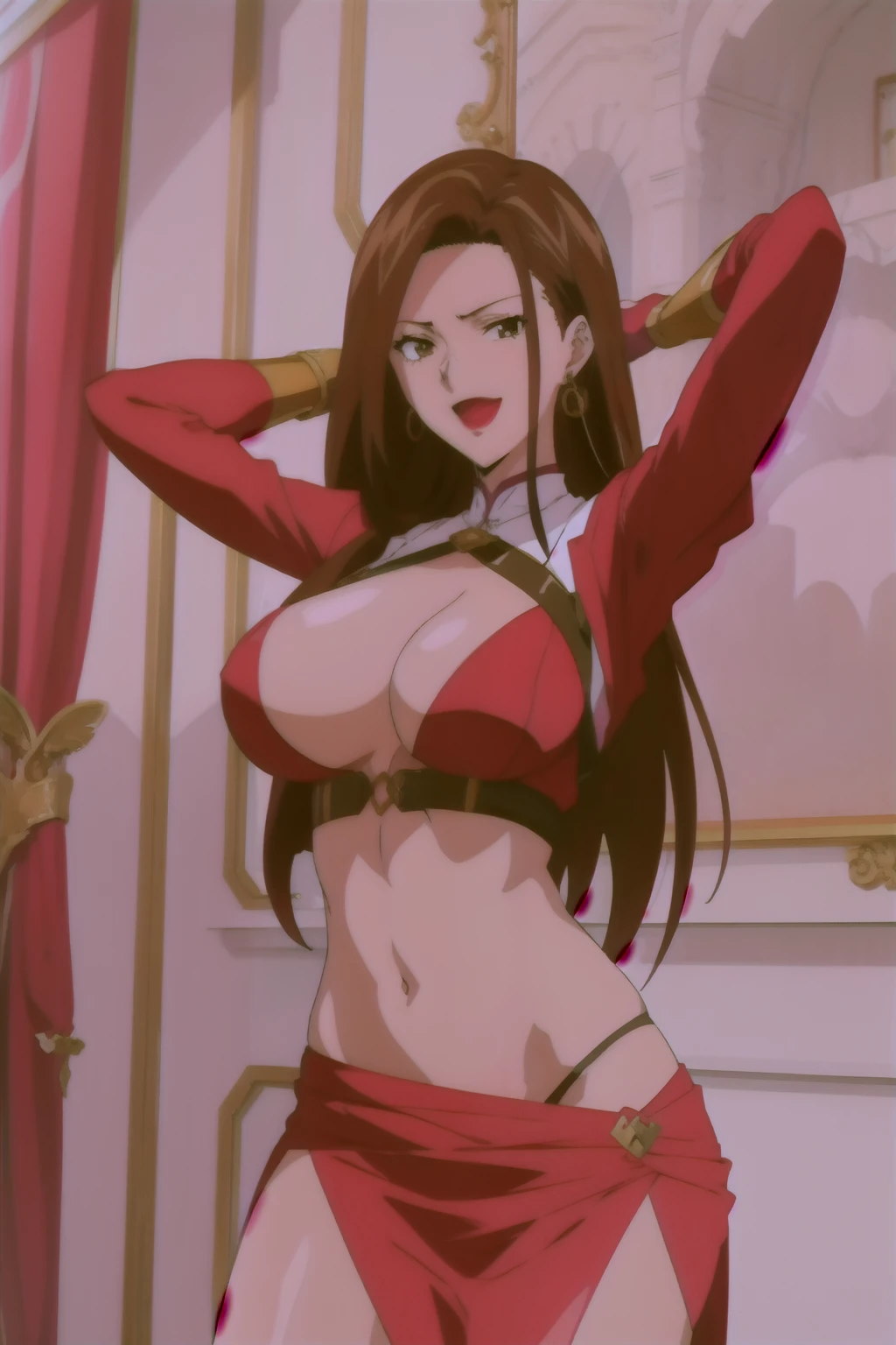 ,  retro artstyle,
MaiKannazuki, 1girl, mature female, solo, standing, 
brown hair, long hair, (single sidelock:1.2),  brown eyes, earrings, red lips, 
large breasts,
masterpiece, best quality, highly detailed, fantasy , a anime girls in armored dress holding a sword
posing for a picture, evil smile, smile, open mouth, breastplate with open cleavage, cleavage, warrior
outfit, ecchi anime style, anime girls, ecchi style, (nsfw) not safe for work, ecchi, digital anime art!!, in
anime style, official artwork, visual novel cg, beautiful anime girl, anime style 4 k , loincloth, exposed
belly, exposed navel, exposed midriff, exposed lower belly, pencil skirt armored, castle,inside castle, lipstick,open arms sideway, arms T-pose, smirk, standing, anime girl T posing